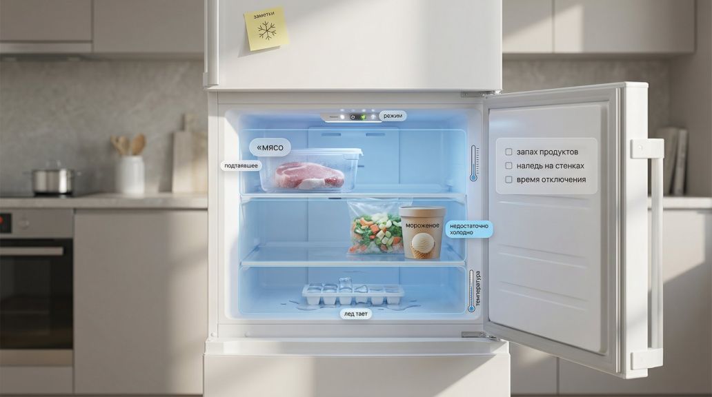 Современная кухня в нейтральных тонах, в центре кадра открыта морозильная камера двухкамерного холодильника. Внутри видно несколько типичных продуктов: контейнер с мясом, пакет с