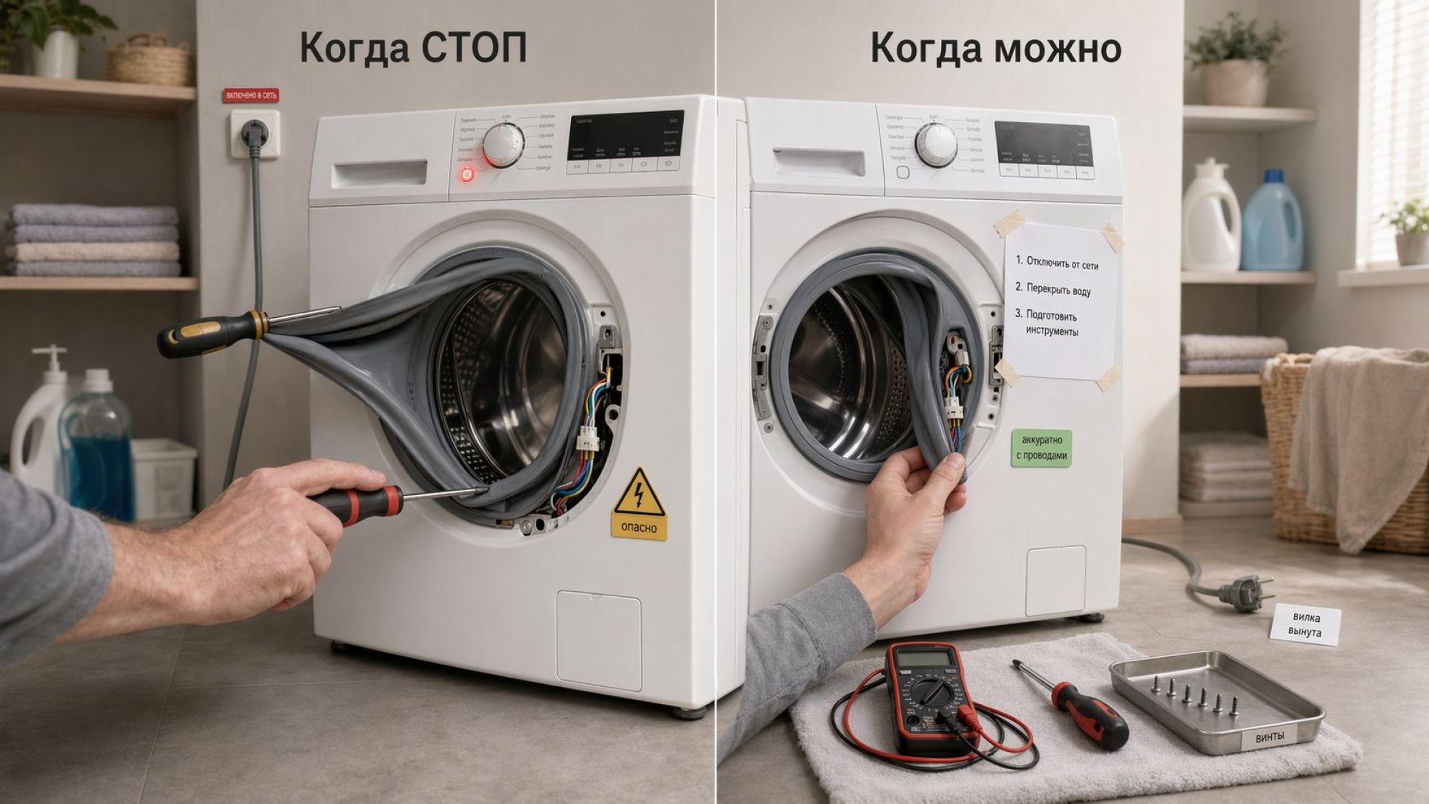 Небольшая современная прачечная в нейтральных тонах, в центре на переднем плане фронтальная стиральная машина, немного отодвинутая от стены. Верхняя часть кадра разделена на две