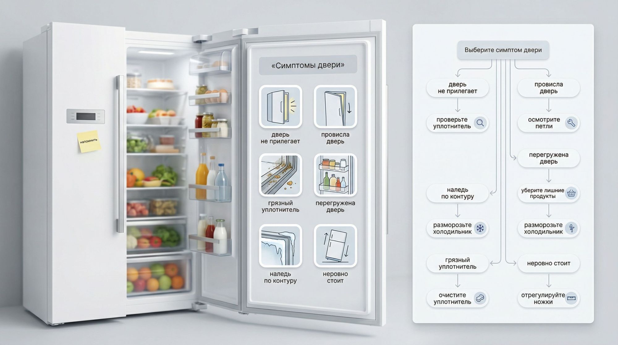 Современная аккуратная иллюстрация: вид спереди на открытый холодильник на нейтральном фоне, рядом вертикально размещена простая схема‑«карта решений» по симптомам двери. Слева