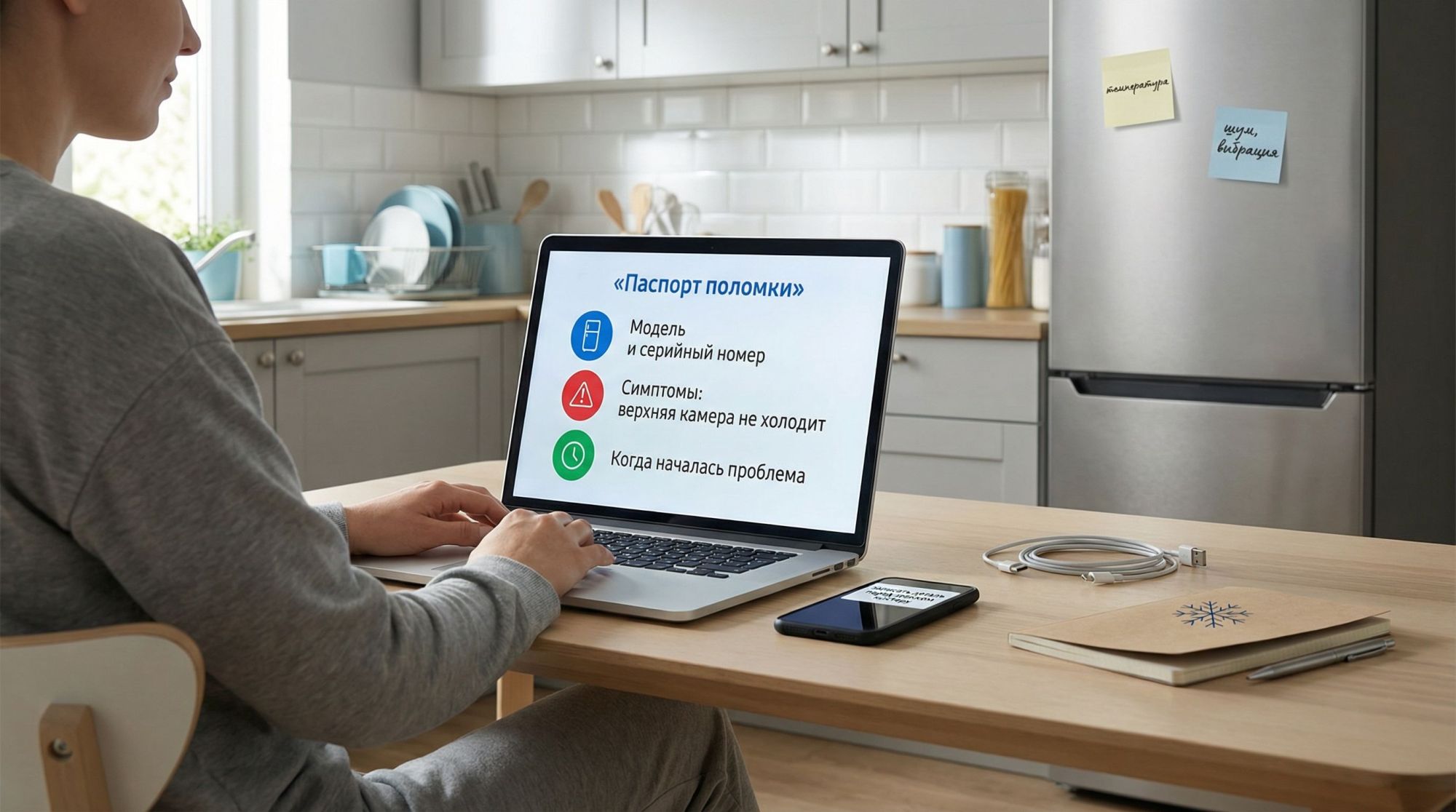 Горизонтальная иллюстрация в современном минималистичном стиле: человек сидит за столом на кухне с открытым ноутбуком и смартфоном, на фоне виден двухкамерный холодильник. На