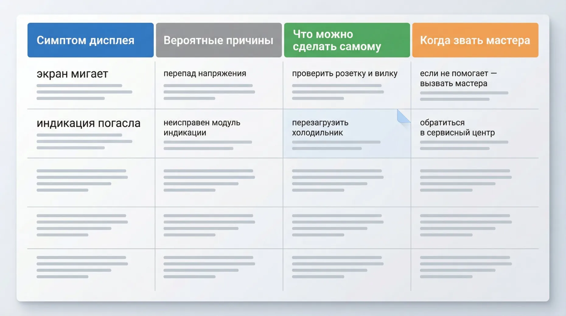 Чистая инфографика‑таблица на светлом фоне, во весь кадр, без лишних деталей. Таблица из четырёх вертикальных столбцов с крупными заголовками сверху: первый столбец с заголовком в