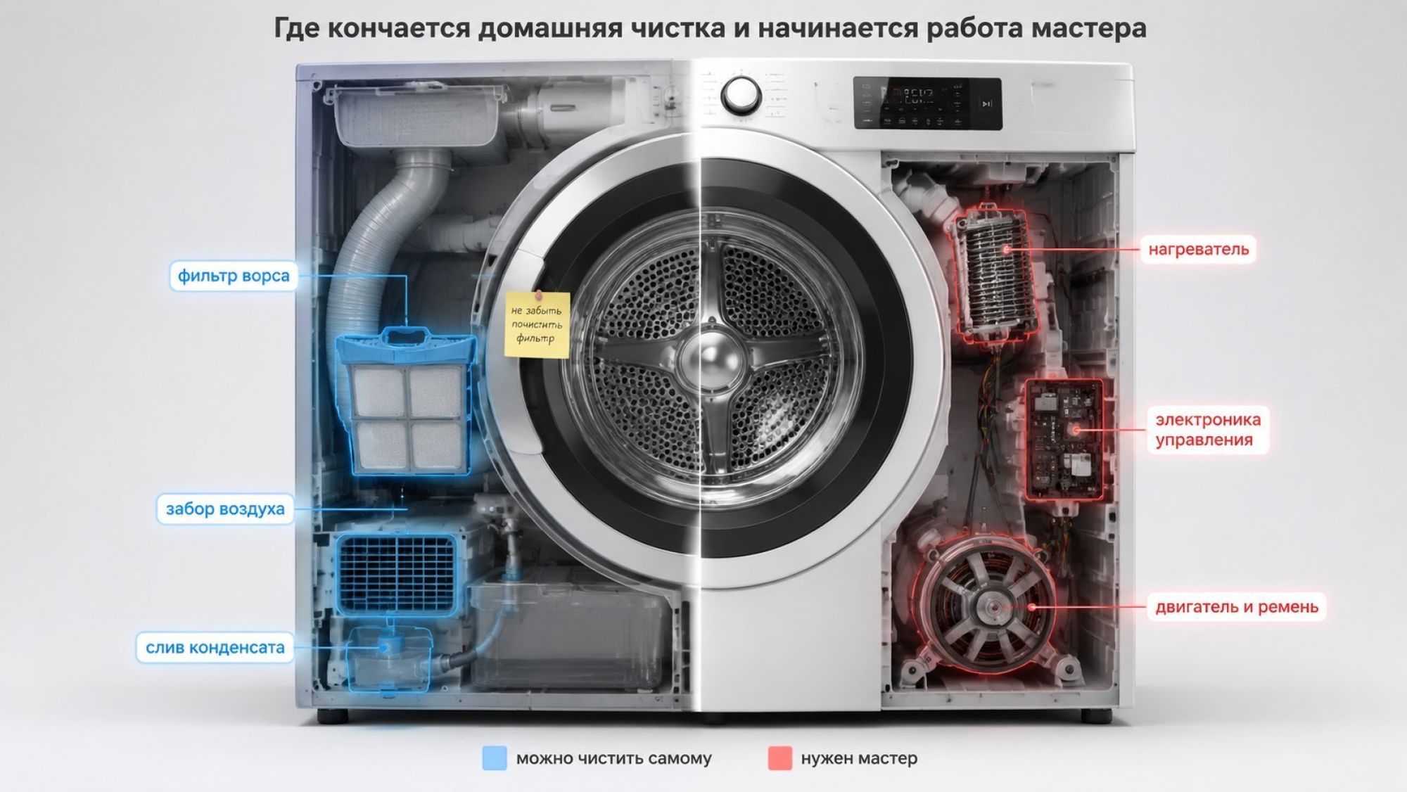 Современная сушильная машина в разрезе, вид спереди, на белом или светло-сером фоне. Слева полупрозрачный корпус, через который видно несколько ключевых узлов, каждый аккуратно