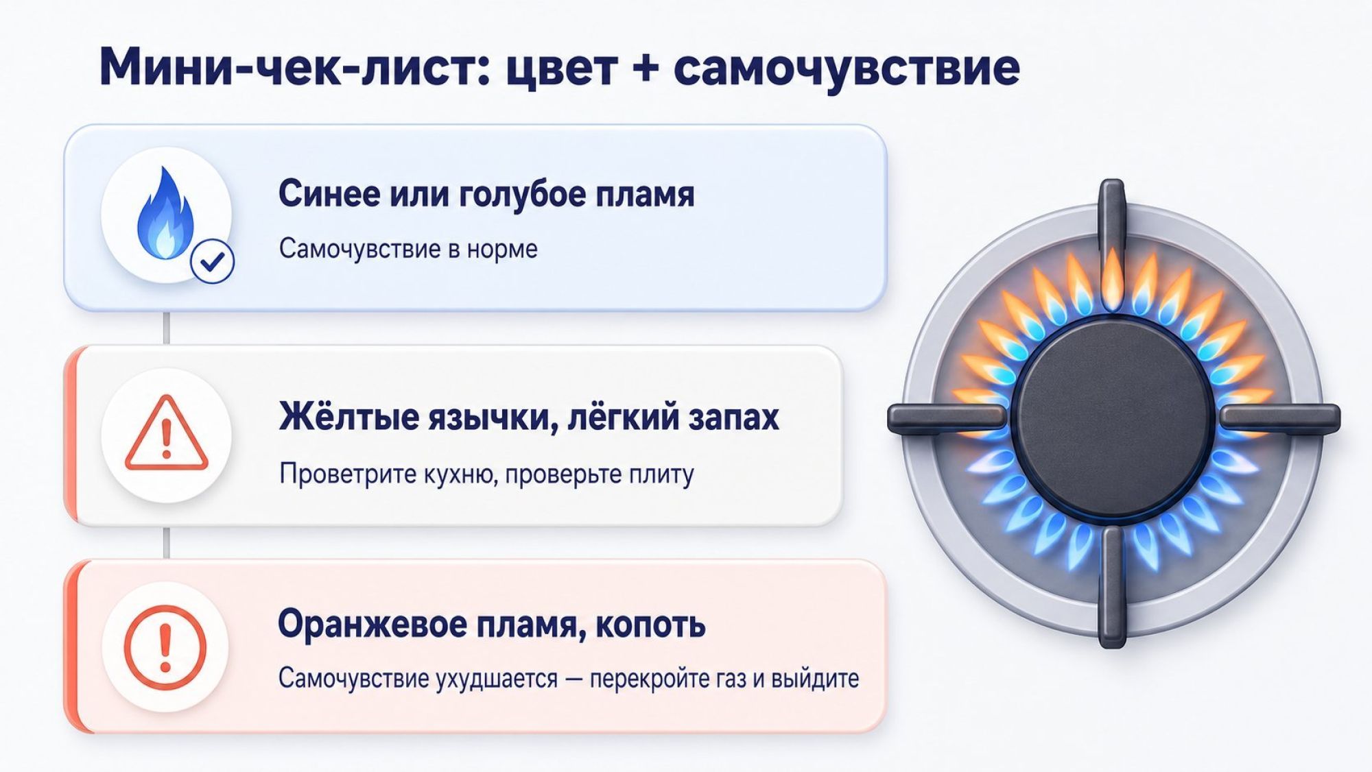 Инфографика в виде вертикального чек‑листа «быстрой проверки за 1–2 минуты». Справа схематичная конфорка с пламенем, слева три цветные строки‑карточки с иконками. Вверху заголовок