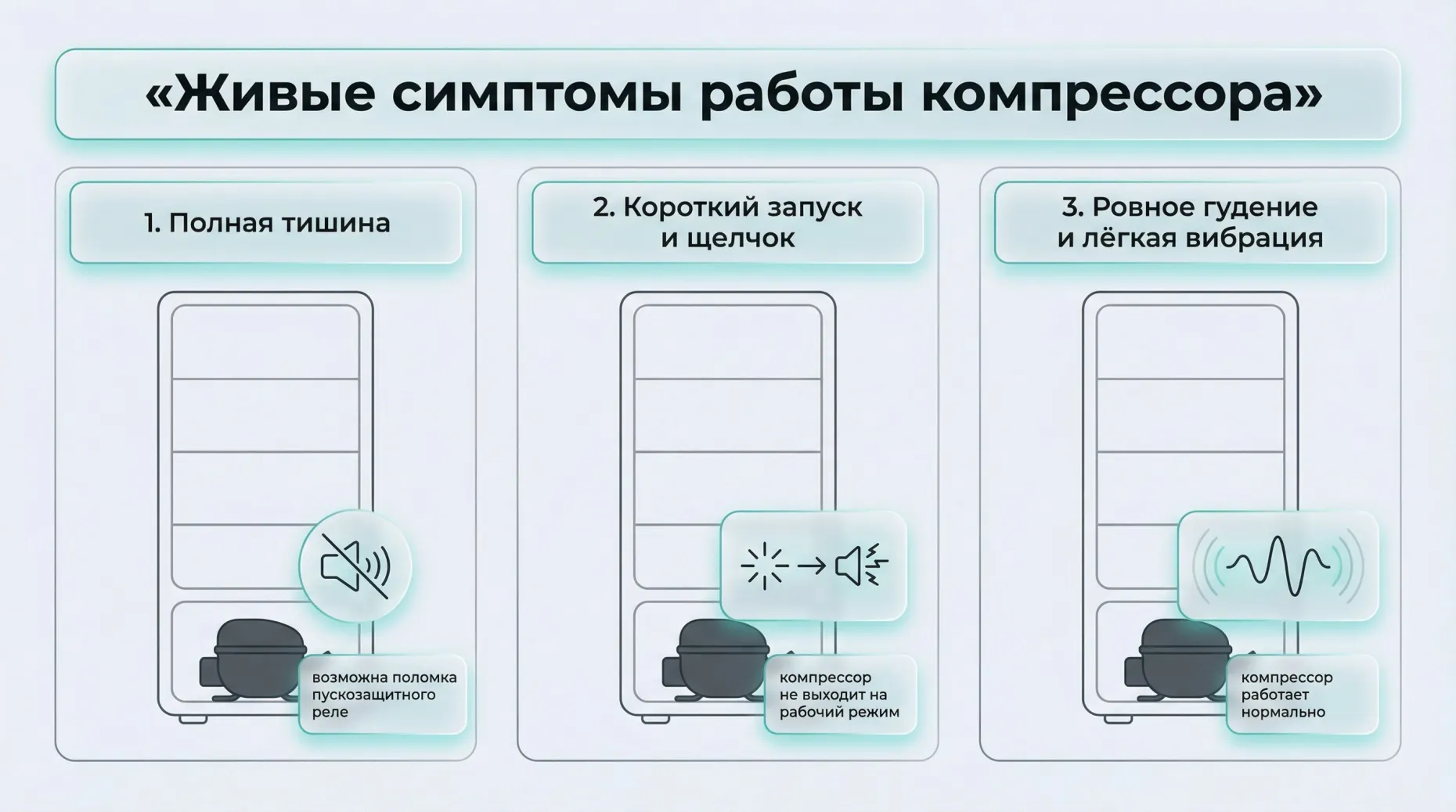 Горизонтальное сравнение на три части, каждая треть — упрощённый задний вид холодильника с компрессором внизу. Над всей схемой общий заголовок крупным шрифтом: «Живые симптомы