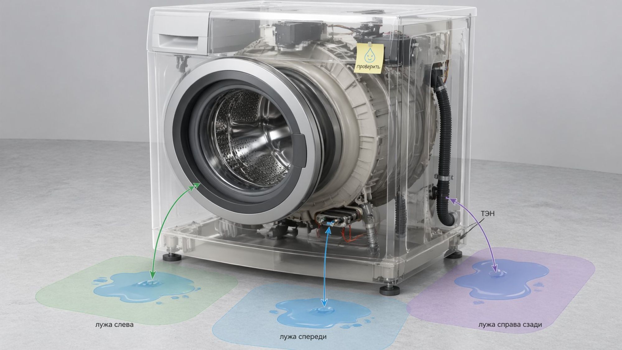 Современная стиральная машина в разрезе, вид чуть сверху и сбоку, упрощённый, без лишних мелких деталей. Полупрозрачный корпус, через который видно круглый бак, ТЭН в нижней