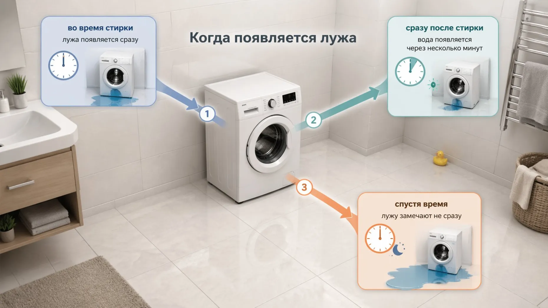 Аккуратная изометрическая сцена: стиральная машина стоит в углу ванной комнаты на ровном полу, вокруг минимум деталей. От машинки к трём сторонам расходятся три крупные условные