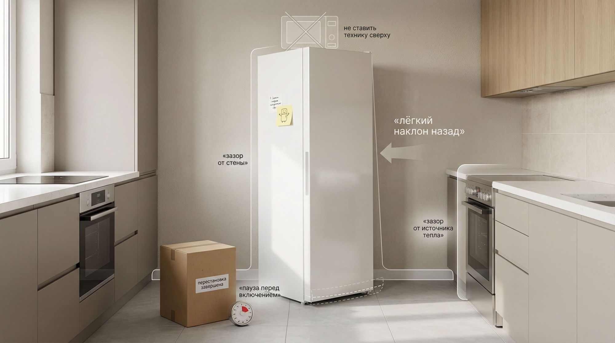 Современная кухня в нейтральных цветах, вид немного сверху и сбоку. В центре — высокий белый холодильник, стоящий чуть с наклоном назад (это показывают тонкие полупрозрачные