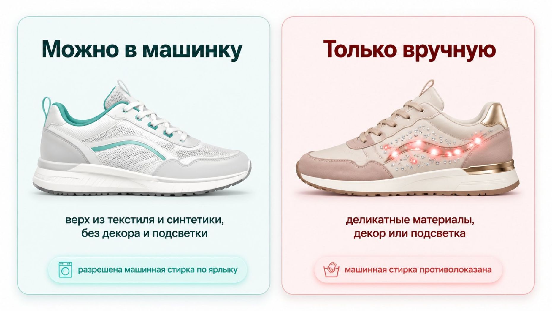 Картинка разделена вертикально на две половины. Слева блок «Можно в машинку» с зелёным оттенком фона, справа блок «Только вручную» с мягким красноватым оттенком. Левая половина