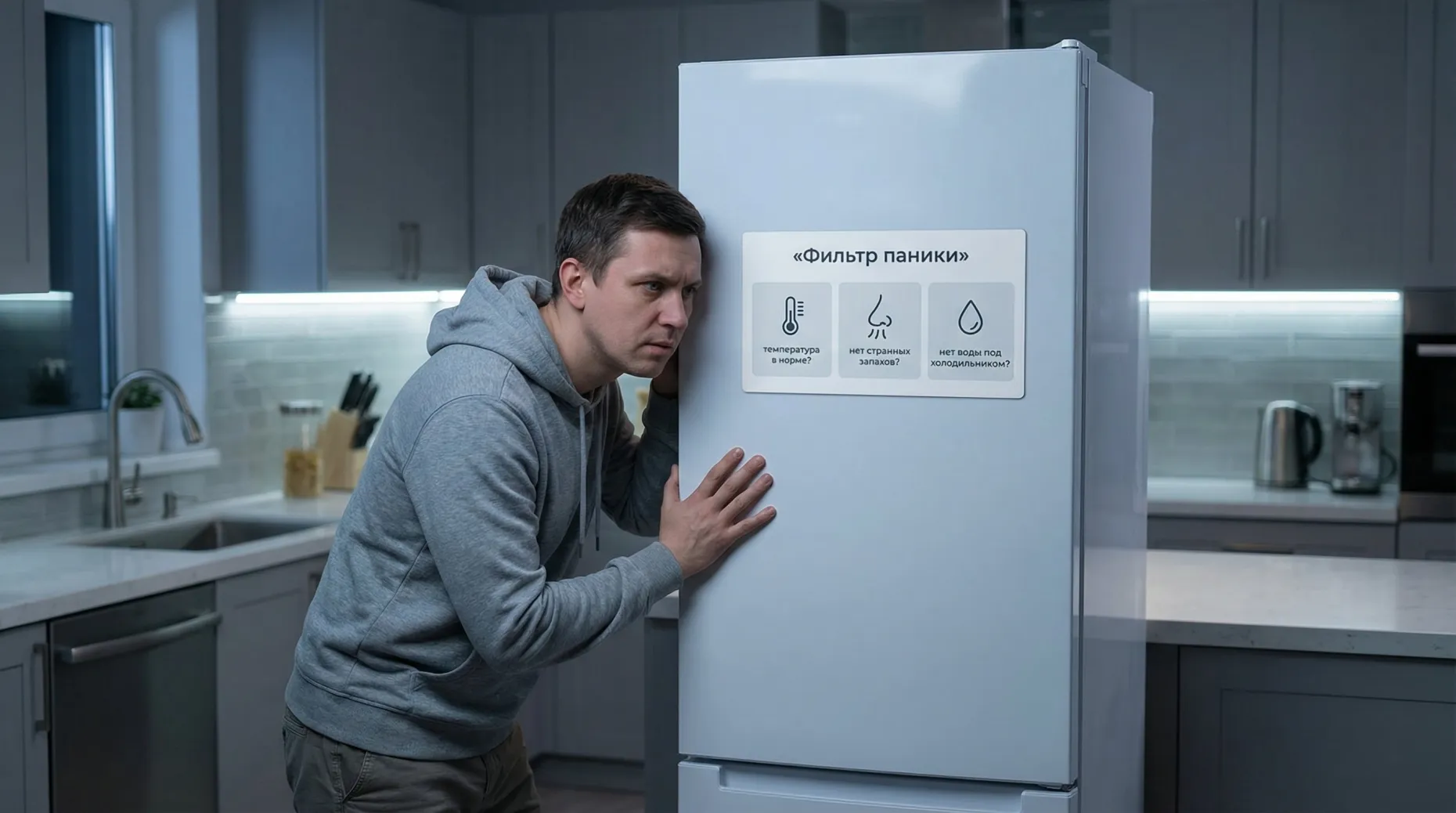 Современная кухня в слегка затемнённом помещении, в центре — высокий белый холодильник. На переднем плане человек в домашней одежде прислушивается к холодильнику: слегка наклонён