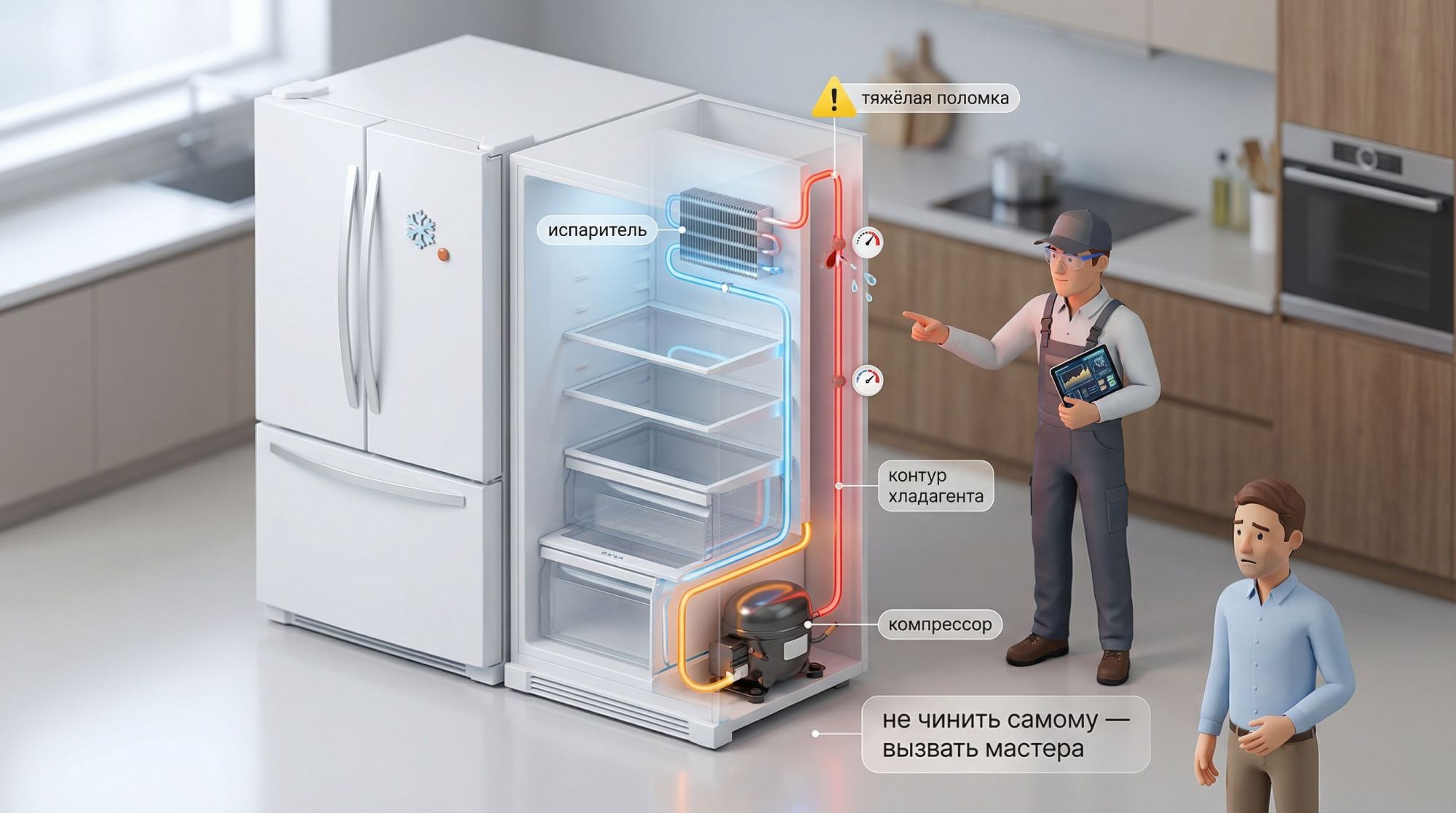 Современная аккуратная изометрическая сцена: холодильник в разрезе, виден упрощённый контур охлаждения. Слева нарисован корпус холодильника, левая половина — обычный вид, правая —