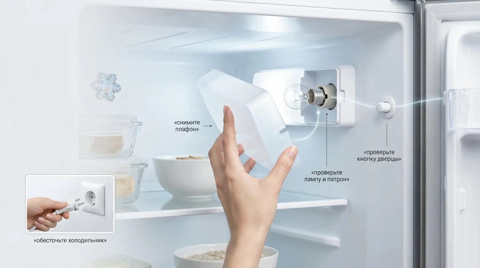 Современный аккуратный рисунок внутреннего пространства холодильника с открытой дверцей, крупным фокусом на зоне лампы, патрона и кнопки дверцы. На переднем плане рука в