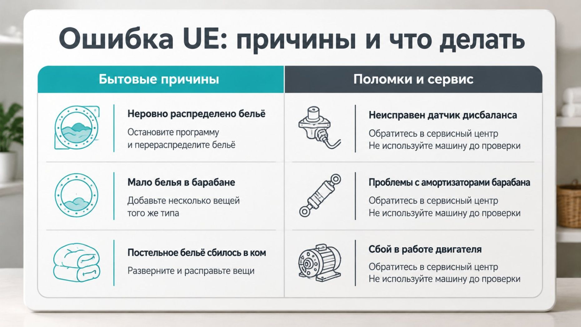 Инфографика‑таблица на светлом фоне с крупным заголовком сверху: «Ошибка UE: причины и что делать». Таблица из двух четко разделенных блоков. Левый блок сверху помечен плашкой
