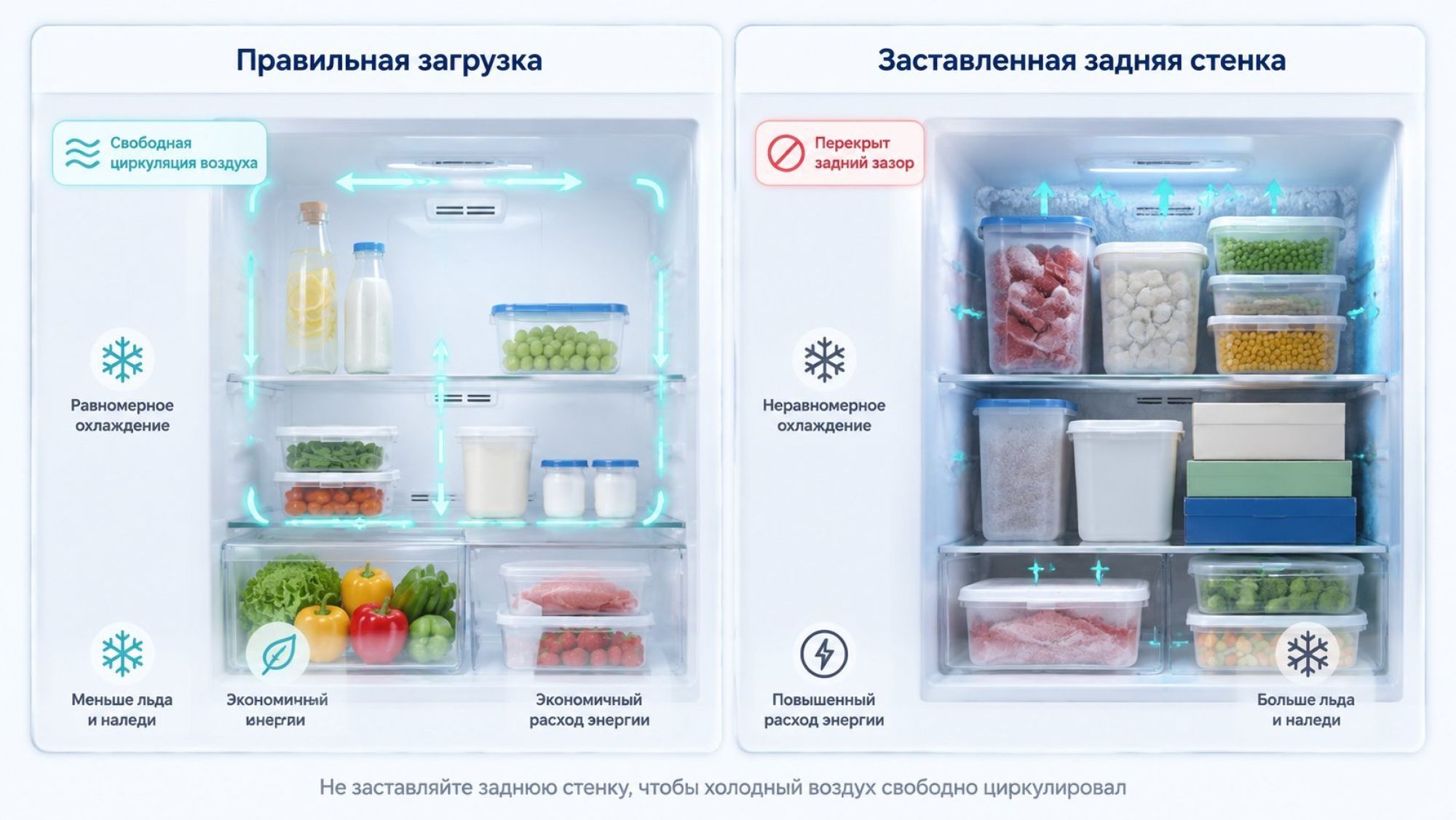 Горизонтально разделённая на две половины иллюстрация «правильно / неправильно» внутри холодильника. Слева сверху заголовок над половиной: «Правильная загрузка», справа сверху над