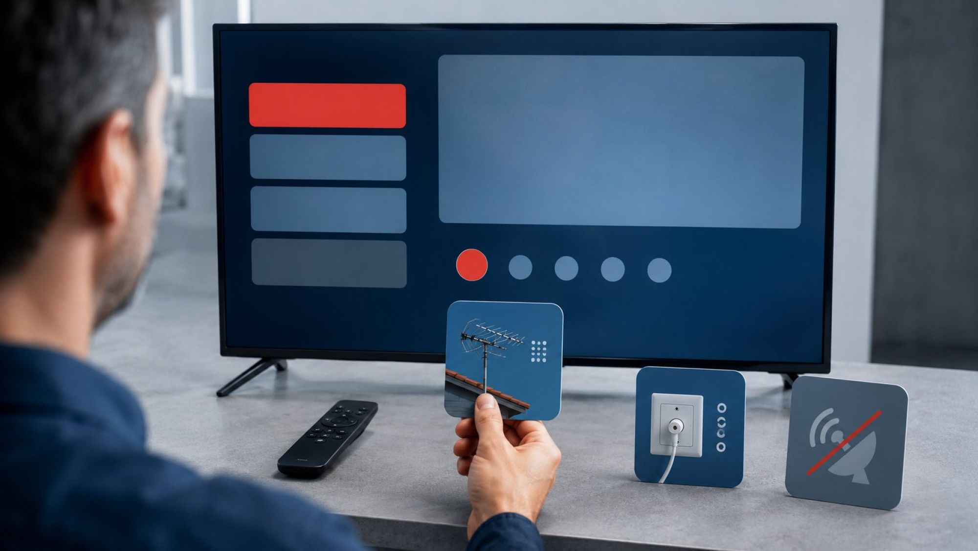 DVB-T2, DVB-C и аналоговый режим: какой стандарт выбрать в меню Плоская clean product-style иллюстрация на светлом холодном фоне: в центре современный телевизор с открытым абстрактным меню без букв и цифр, рядом пульт. От телевизора расходятся