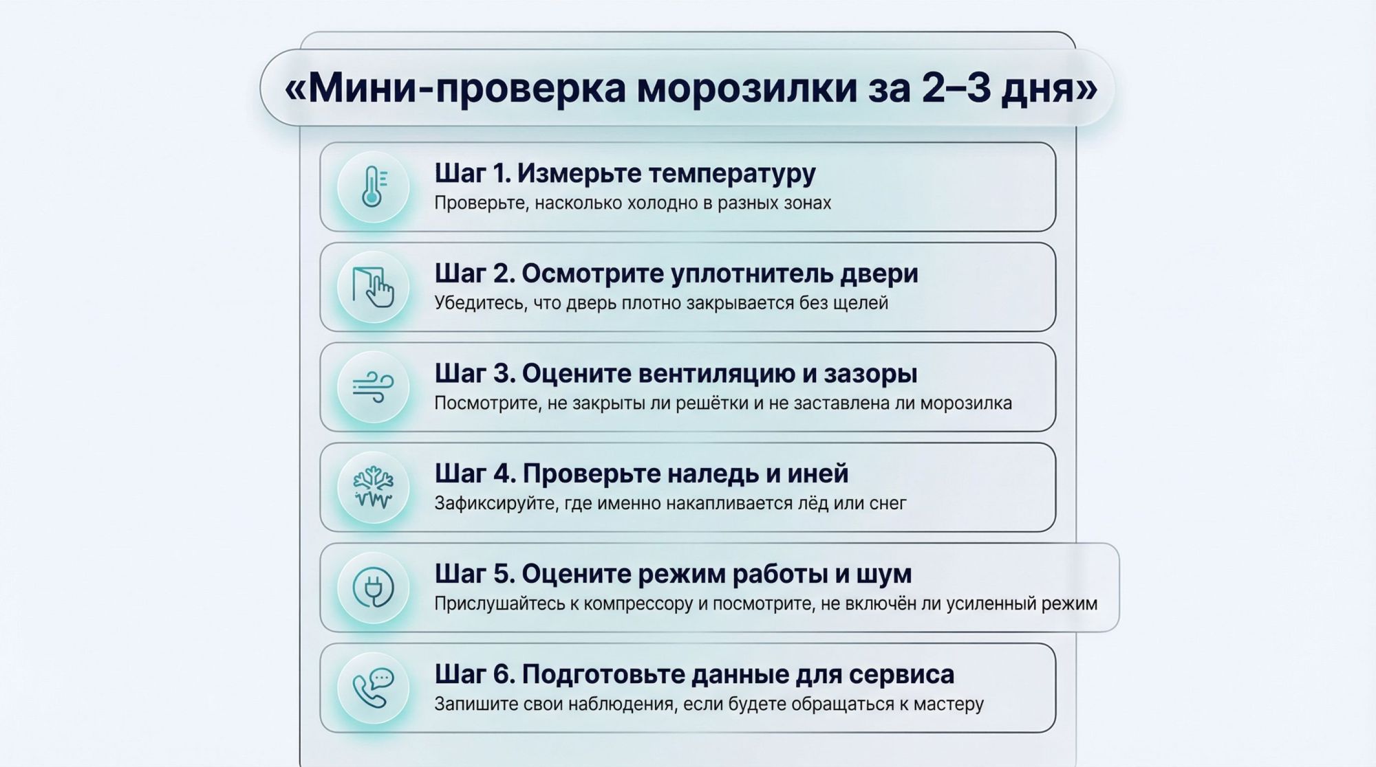 Вертикальная инфографика в виде пошагового чек-листа «Что сделать сейчас, пока техника ещё в строю». Слева от каждого шага простой круглый значок, справа — короткий текст. В