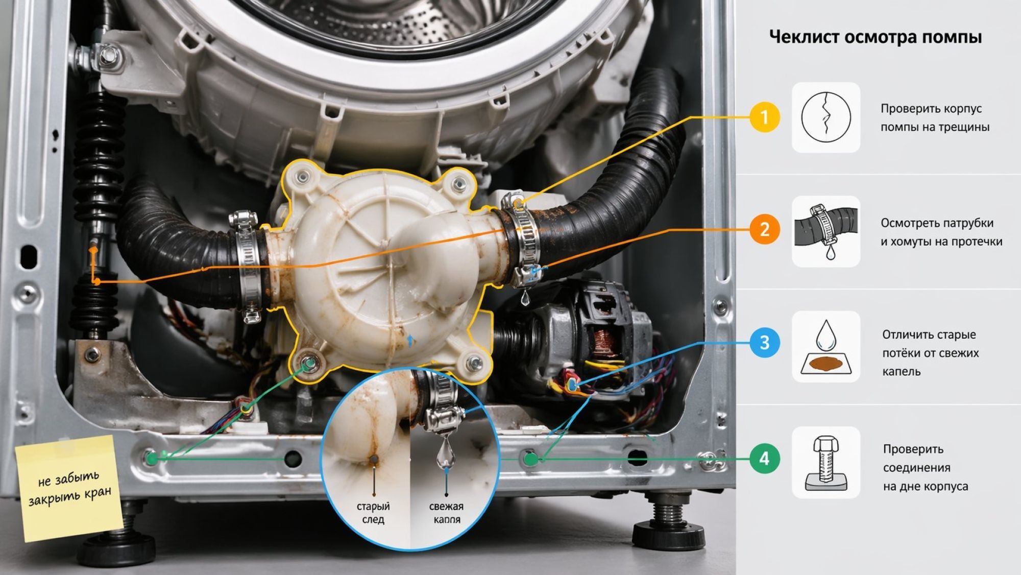 Горизонтальная иллюстрация-чеклист, вид стиральной машины снизу в разрезе, справа от нее вертикальный список шагов. Слева показан низ стиральной машины без фронтальной панели