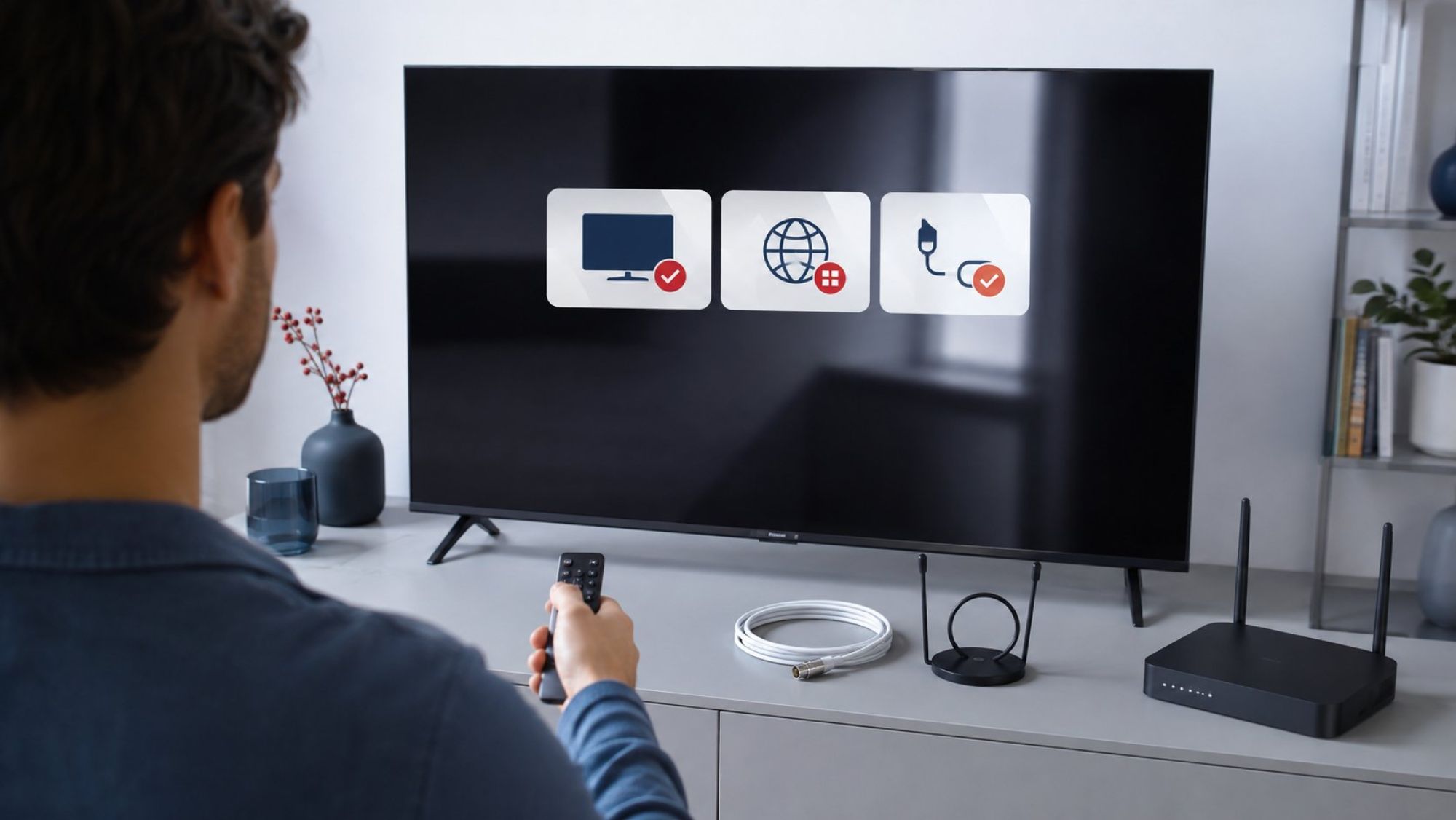 Плоская clean product-style иллюстрация в Iceberg-стиле: на светлом холодном фоне стоит Smart TV на тумбе, рядом аккуратно разложены пульт, коаксиальный кабель, небольшая антенна