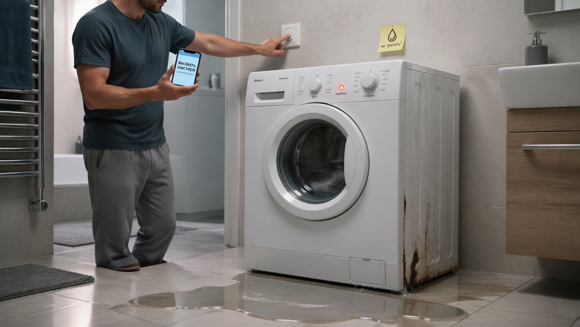 Интерьер ванной комнаты в современном минималистичном стиле. На переднем плане — стиральная машина, из-под нижнего края корпуса сбоку растекается заметная лужа воды. На корпусе