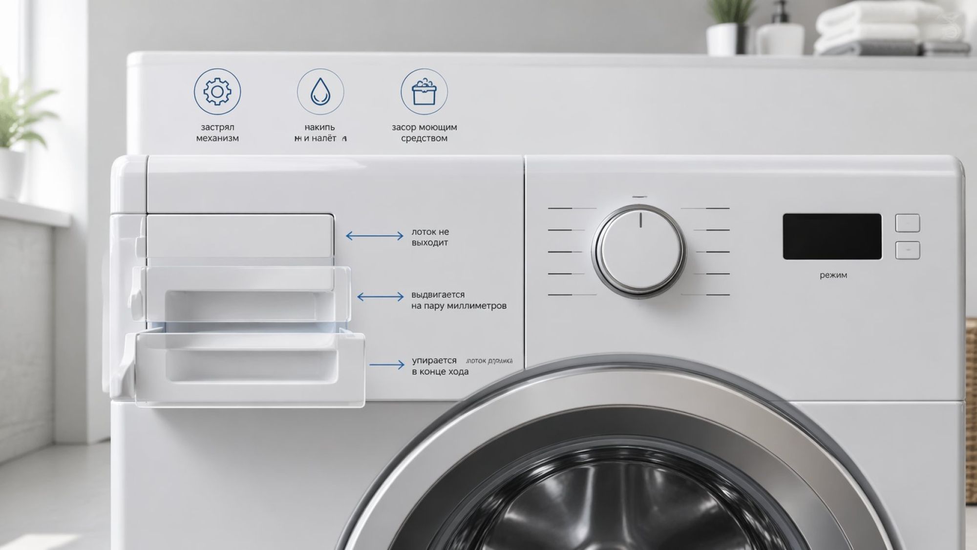 Полуреалистичная современная стиральная машина на уровне пояса, вид спереди крупным планом. Лоток для порошка показан в нескольких положениях полупрозрачными контурами: полностью