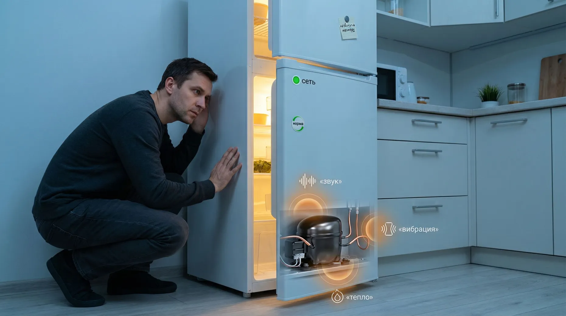 Небольшая кухня, в центре — стандартный белый холодильник, дверца слегка приоткрыта, внутри явно горит свет. Слева, на уровне пола, хозяин в домашней одежде полусидит рядом, одной