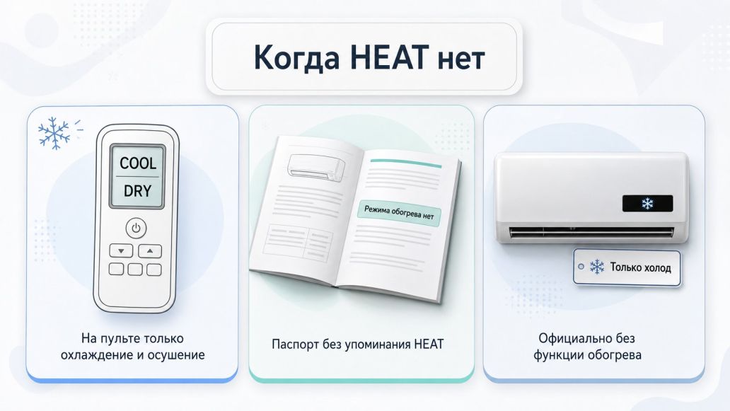 Инфографика на светлом фоне: по центру крупный заголовок внутри аккуратного блока: «Когда HEAT нет». Ниже три вертикальные колонки–сценария, каждая в отдельной мягко очерченной