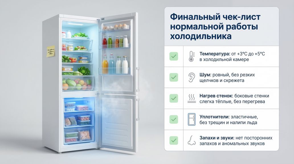 Горизонтальная иллюстрация в виде аккуратного чек-листа по холодильнику. Слева нарисован современный белый холодильник в разрезе: видна холодильная камера с лёгким голубым