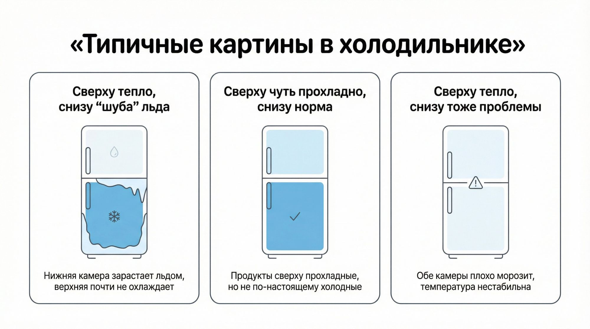 Горизонтальное разделение на три равные колонки с заголовком сверху по центру крупным шрифтом «Типичные картины в холодильнике». Левая колонка: сверху заголовок «Сверху тепло