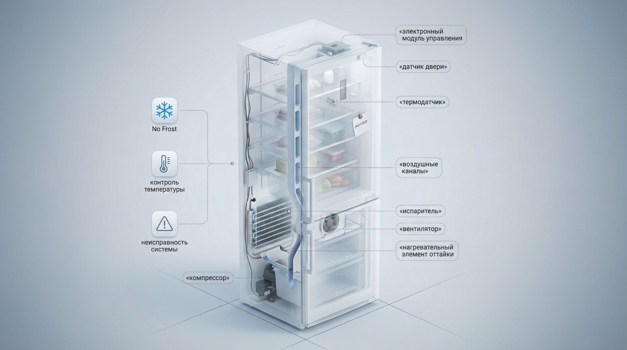 Изометрический разрез современного холодильника с системой No Frost, корпус как бы прозрачный, показаны основные узлы, каждый аккуратно подписан. Справа общий силуэт двухкамерного