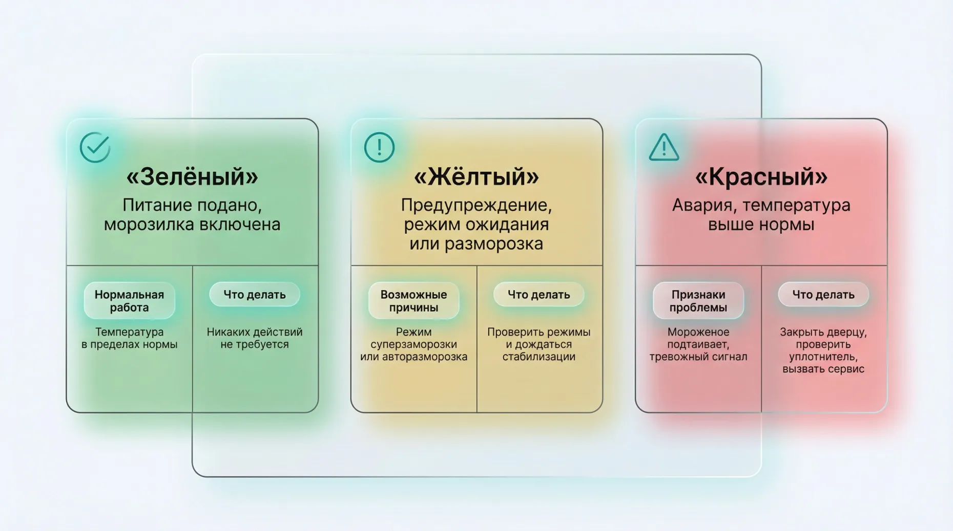Горизонтальная инфографика «Цвета и значения индикаторов морозилки». Светлый фон, по центру идут три крупные цветные карточки в ряд. Левая карточка зелёного цвета: вверху жирный