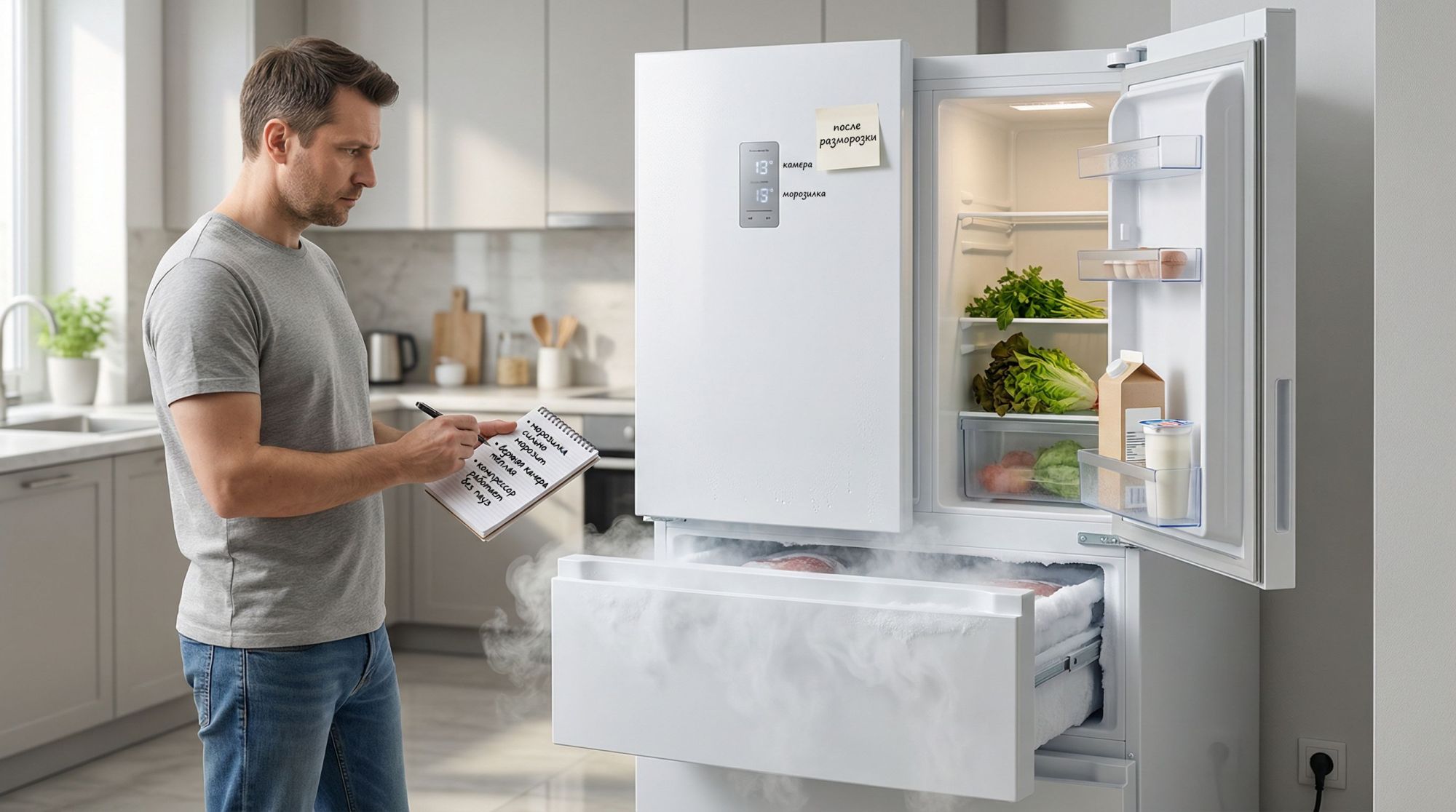 Современная кухня в нейтральных тонах, в центре — обычный двухкамерный холодильник, дверь холодильной камеры приоткрыта. Внутри видно: в морозилке плотный белый холодный пар и