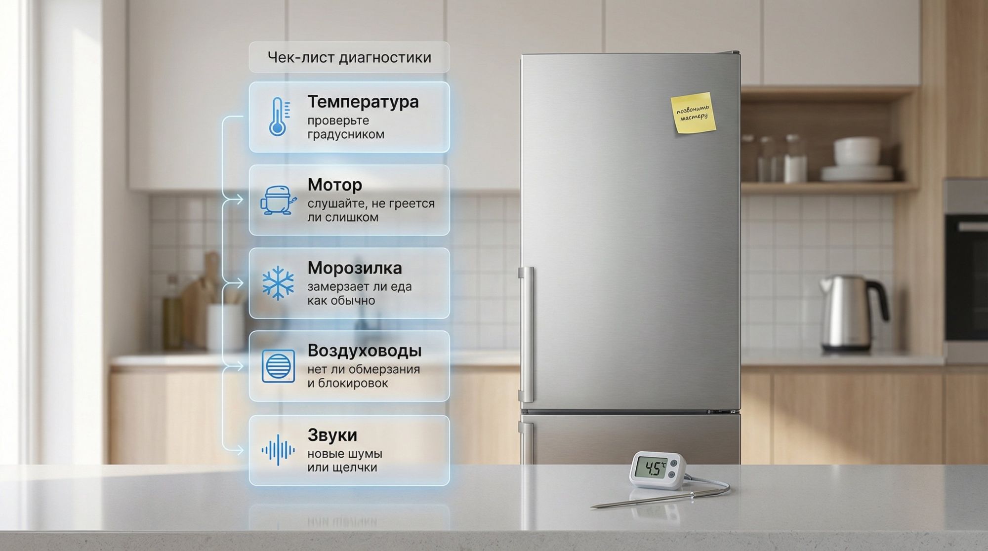 Современная аккуратная кухня, на переднем плане двухдверный холодильник (морозилка внизу, холодильная камера наверху), рядом на столешнице лежит простой кухонный термометр. Вокруг