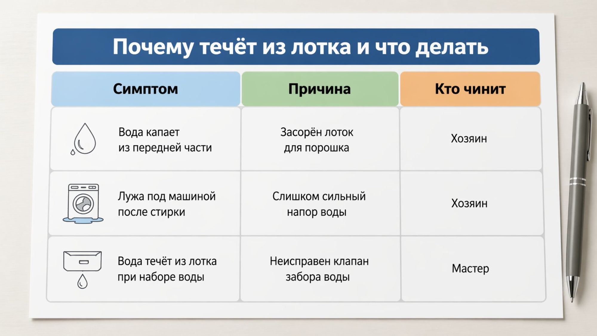 Инфографика в виде вертикальной таблицы «симптом — причина — кто чинит» на светлом фоне, без лишних деталей. Слева крупный заголовок над всей схемой: «Почему течёт из лотка и что