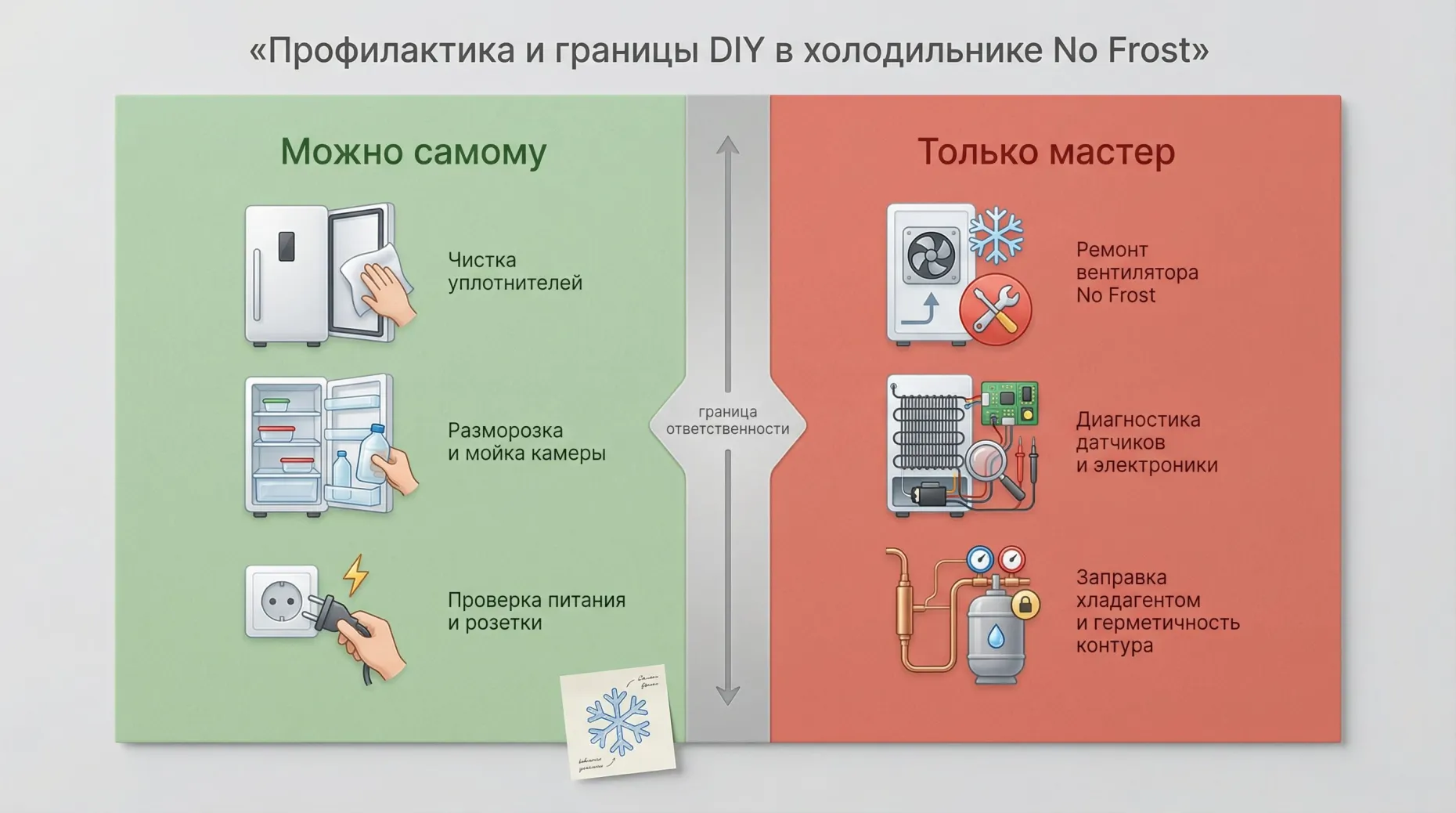 Инфографика в современном минималистичном стиле: на горизонтальном поле слева колонка «Можно самому» с мягким зелёным фоном, справа колонка «Только мастер» с спокойным