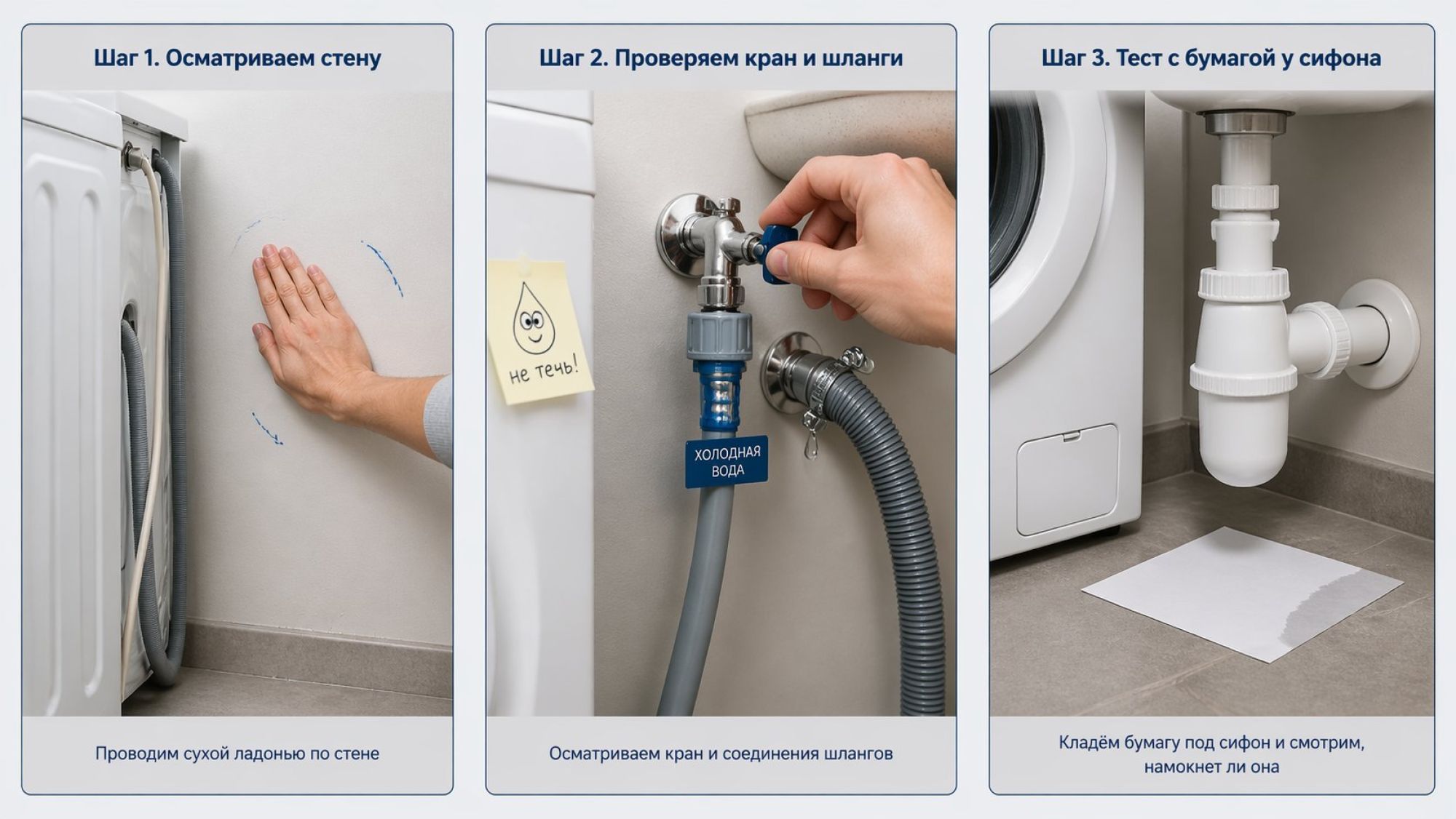 Наглядная схема-последовательность из трёх шагов, расположенных слева направо. Каждый шаг — отдельный прямоугольник с небольшой сценой и заголовком. Левый блок: сверху крупный