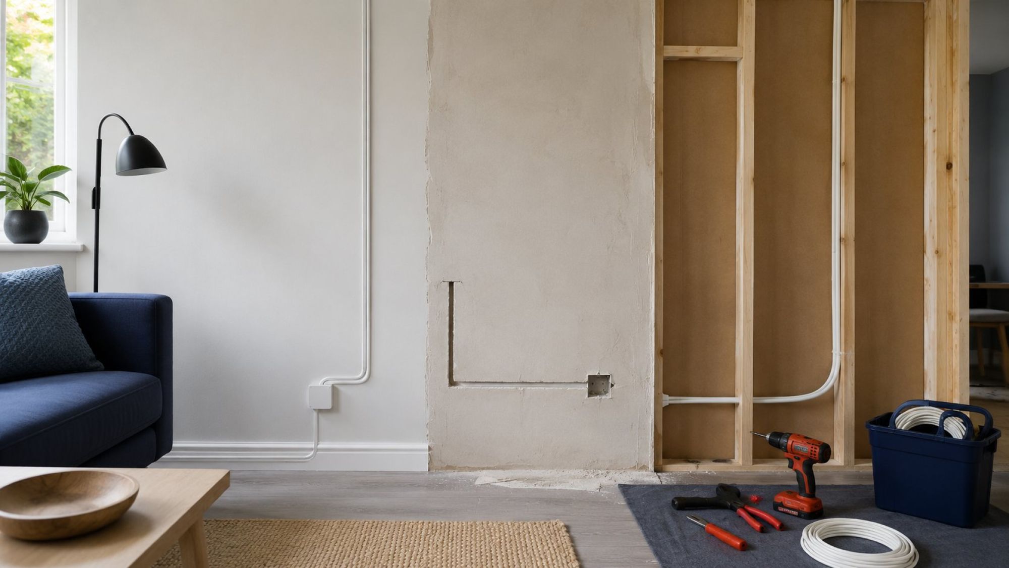 Матрица выбора: основание, отделка, доступ и будущая модернизация Чистая flat UI иллюстрация без надписей: одна аккуратная комната показана как набор разных участков стены в единой сцене. Слева готовая светлая стена с мебелью, плинтусом и тонким