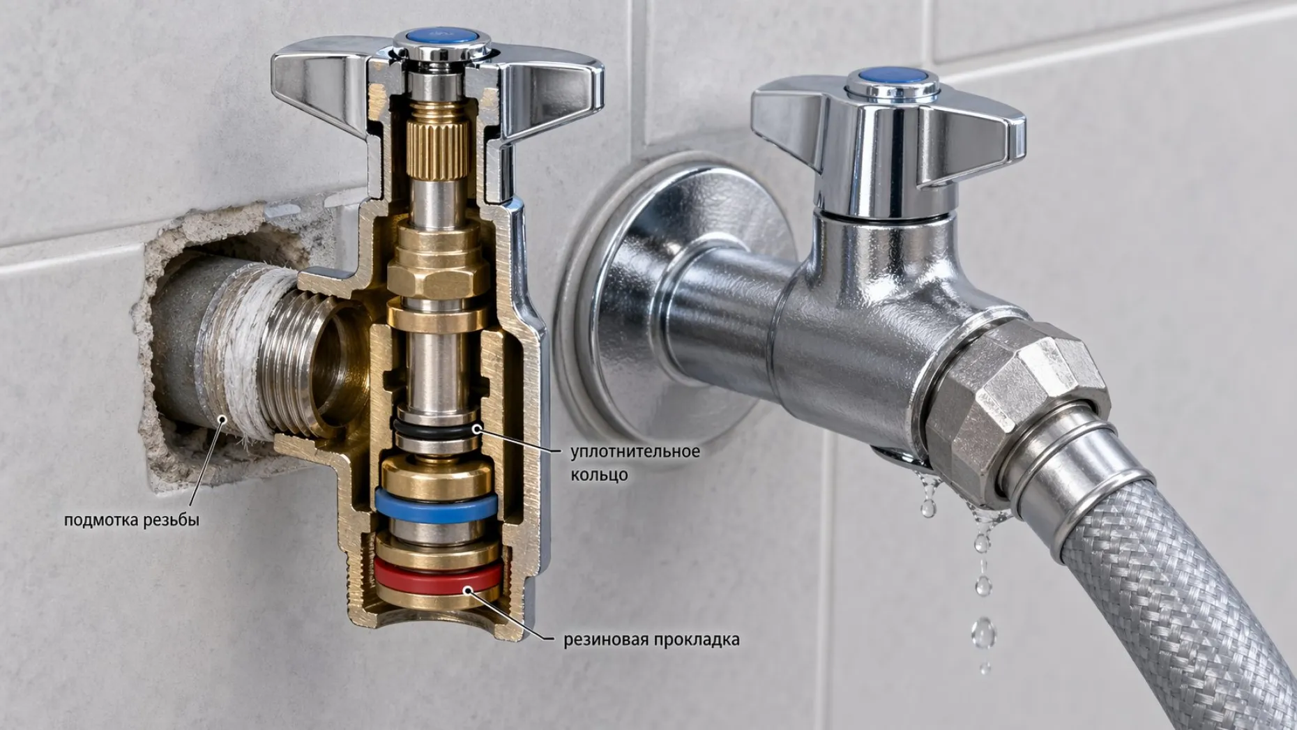 Современная аккуратная изометрическая иллюстрация участка стены с краном подключения стиральной машины и подсоединённым шлангом. Левая часть кадра: кран в разрезе, виден корпус