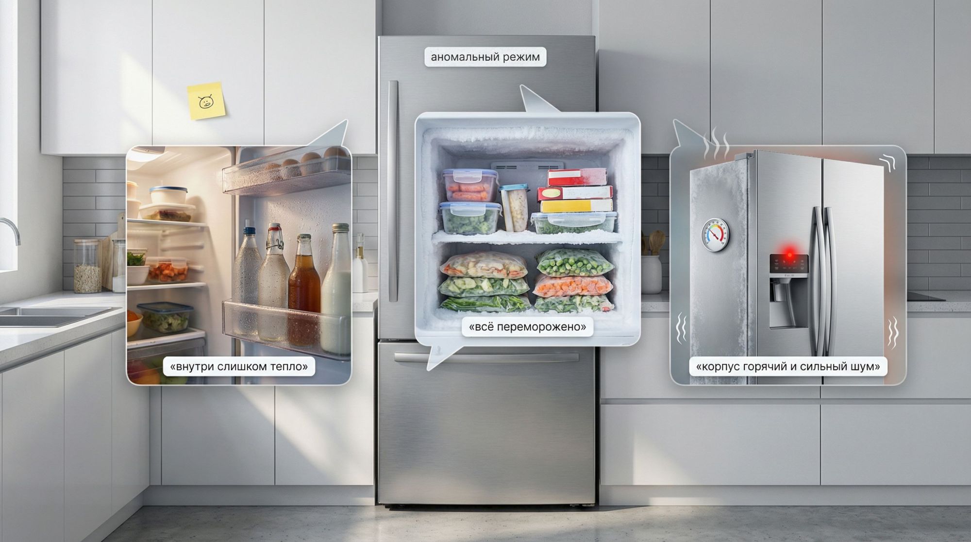 Современная кухня в нейтральных тонах, в центре — стандартный двухкамерный холодильник. Вокруг него — три полупрозрачных «сцены» как комикс-пузыри с подписями. Первая сцена слева