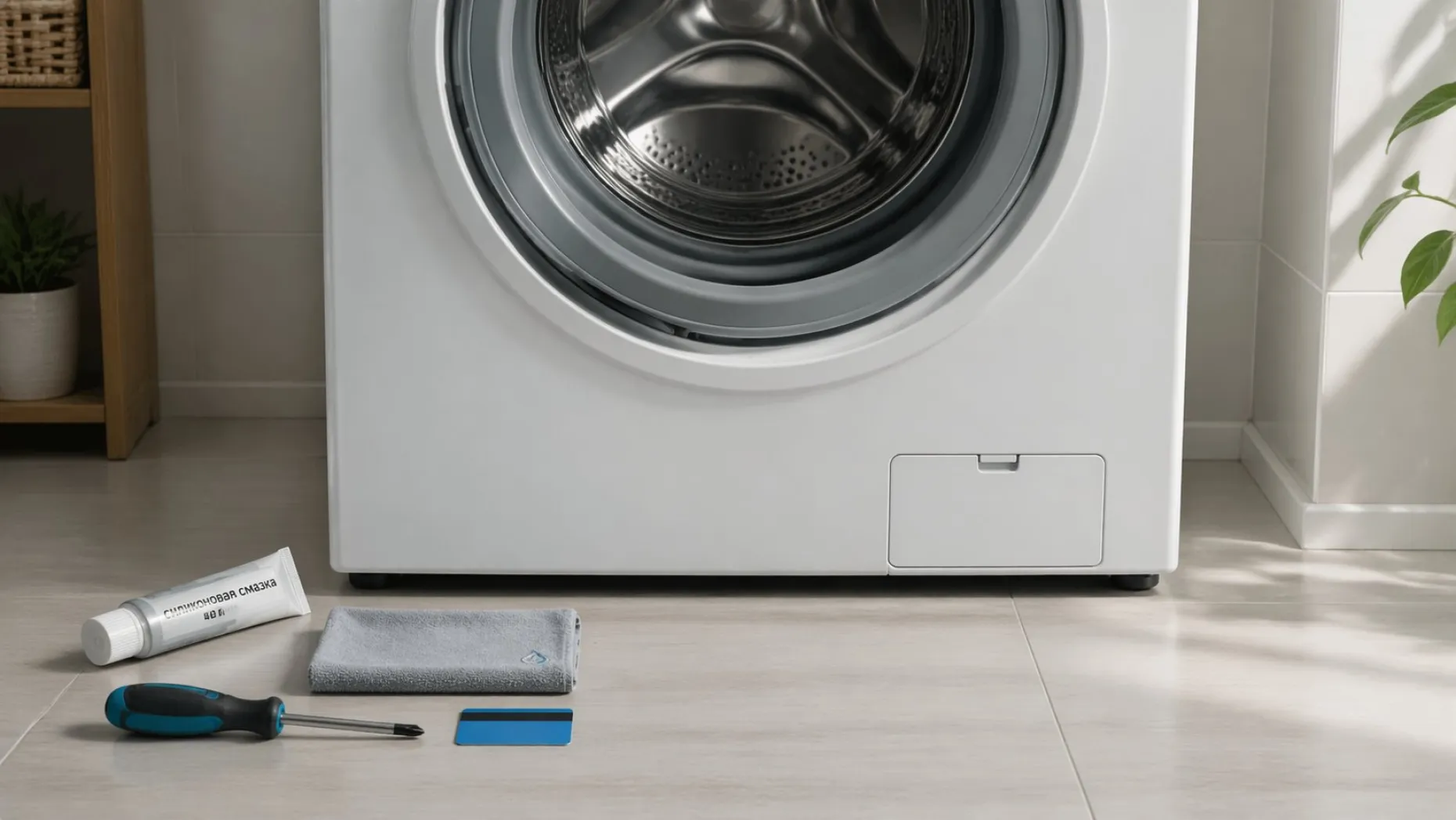 Современная стиральная машина в квартире, вид немного сверху и спереди. Акцент на зоне люка и нижнего фильтра. Слева от машины на полу аккуратно разложен минимальный набор