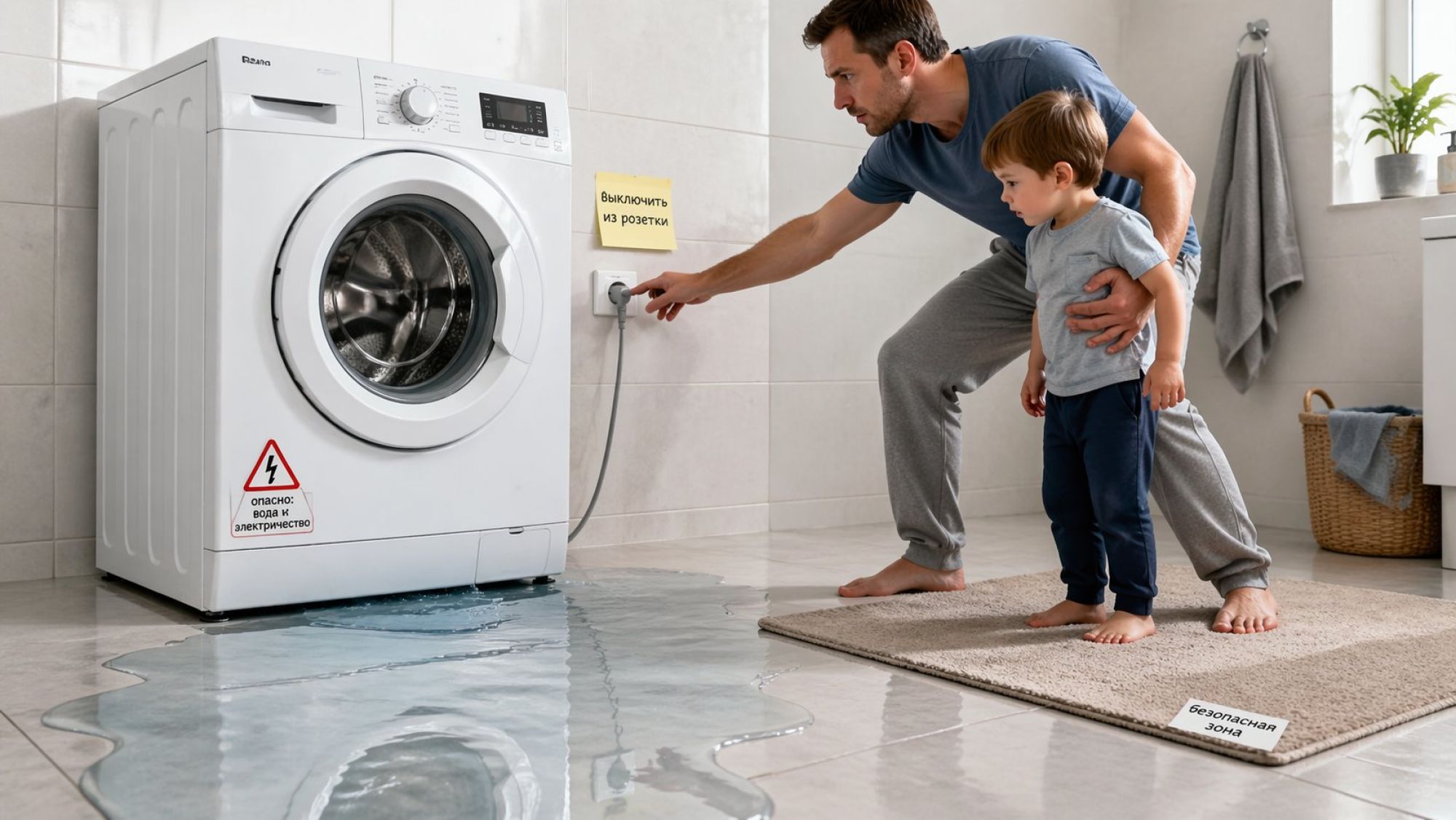 Современная светлая ванная комната, в центре — стиральная машина, из-под которой растекается заметная лужа воды. На переднем плане взрослый человек стоит на сухом коврике/сухой