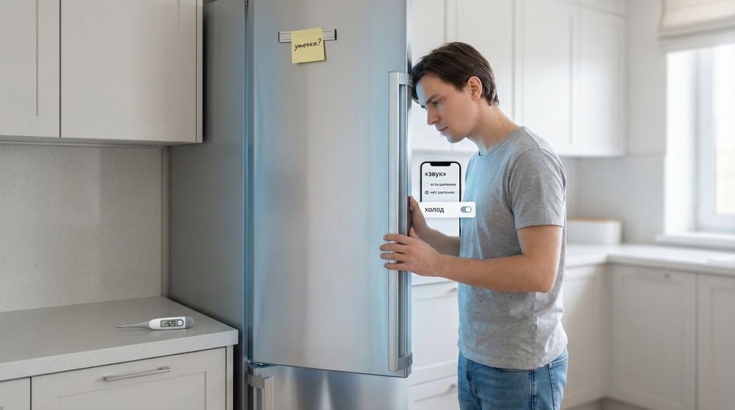 Современная кухня в лёгких тонах, в центре — холодильник в анфас, дверь только что закрыта. Перед холодильником стоит человек в домашней одежде, немного наклонив голову и
