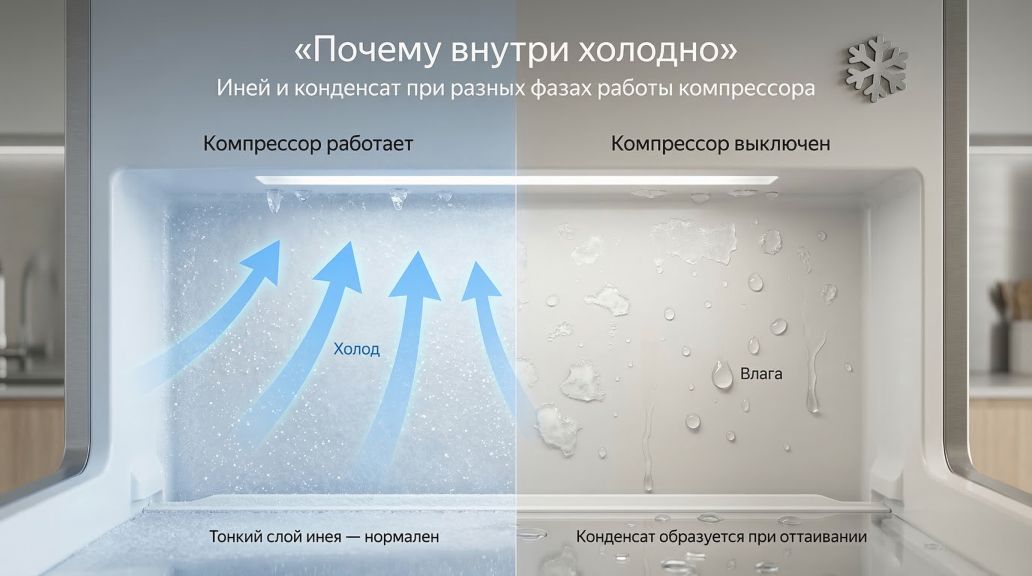 Крупный план задней стенки холодильной камеры в разрезе, с акцентом на тонкий слой инея и капли воды. Левая половина иллюстрации показывает момент работы компрессора: задняя