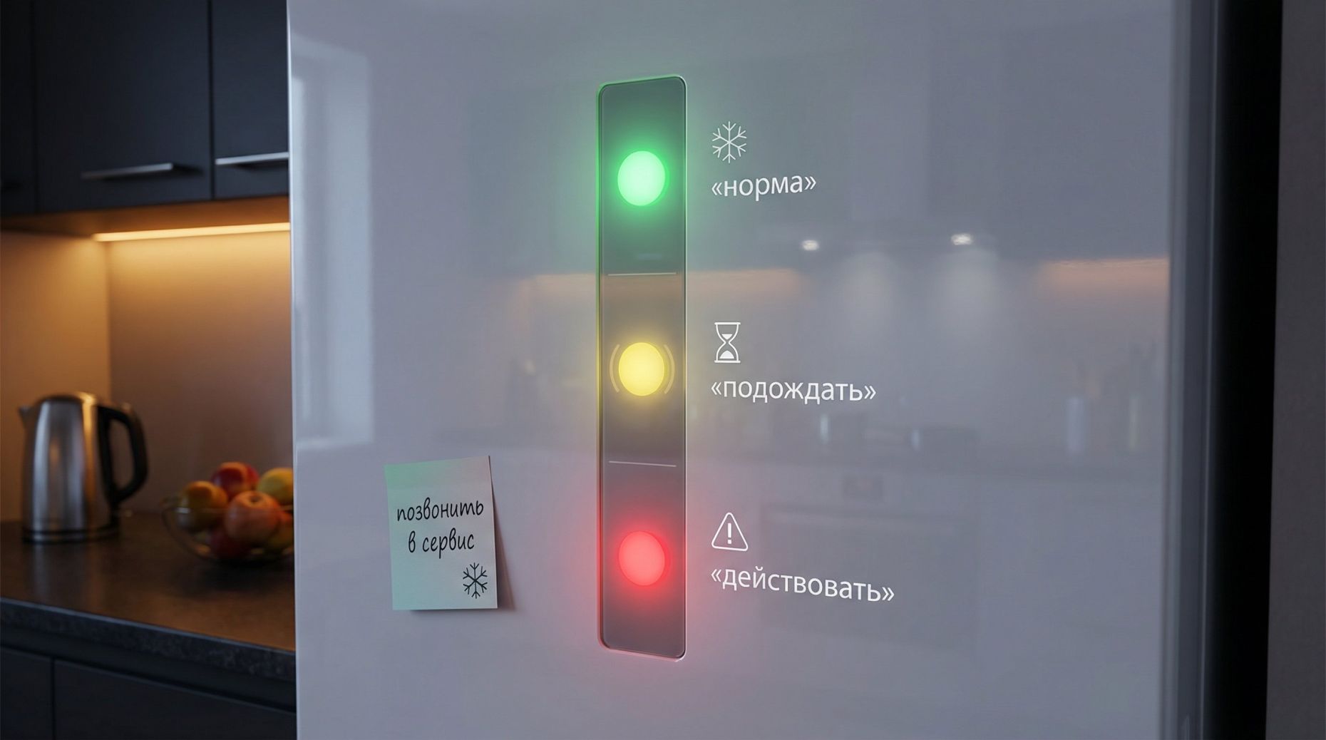 Современная кухня в вечернем полумраке. На переднем плане крупным планом видна дверь холодильника со светящейся вертикальной панелью индикации. Панель разделена на три крупные