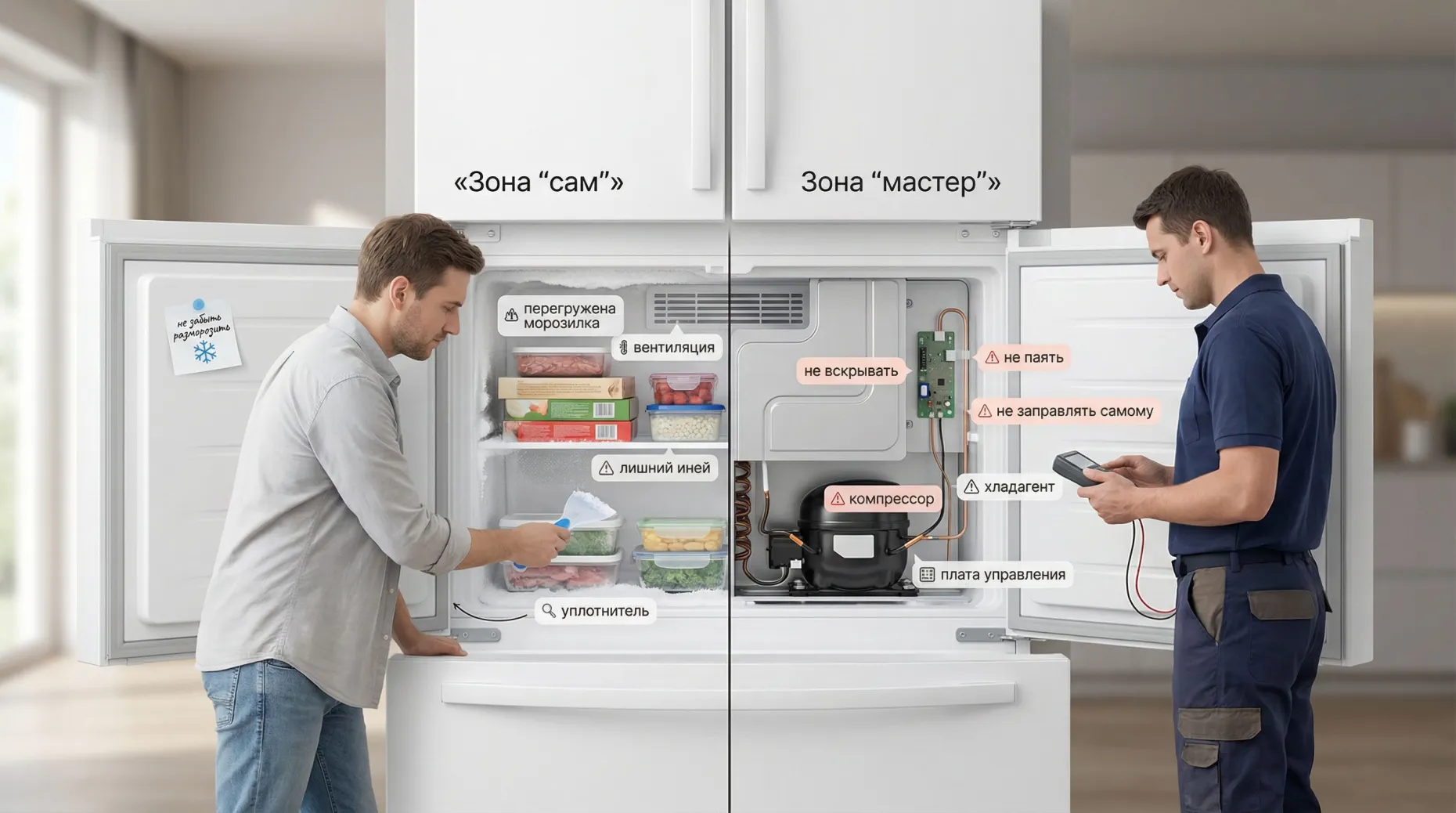 Горизонтальная иллюстрация: на переднем плане холодильник с открытой морозильной камерой, сцена разделена на две визуальные зоны. Слева над камерой крупный заголовок: «Зона