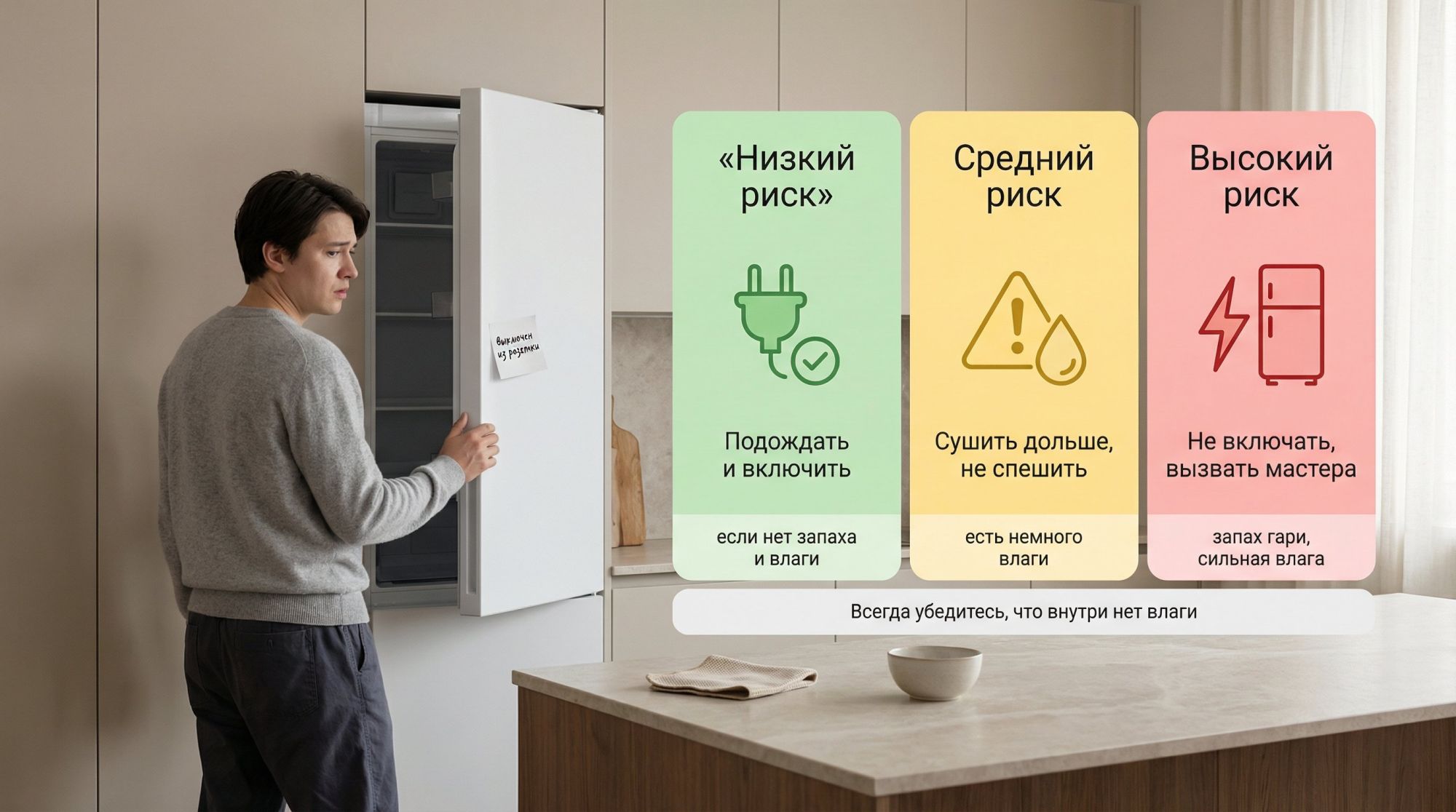 Современная кухня в спокойных тонах, на переднем плане человек в домашней одежде настороженно смотрит на отключённый холодильник. На стене над рабочей зоной крупная схематичная