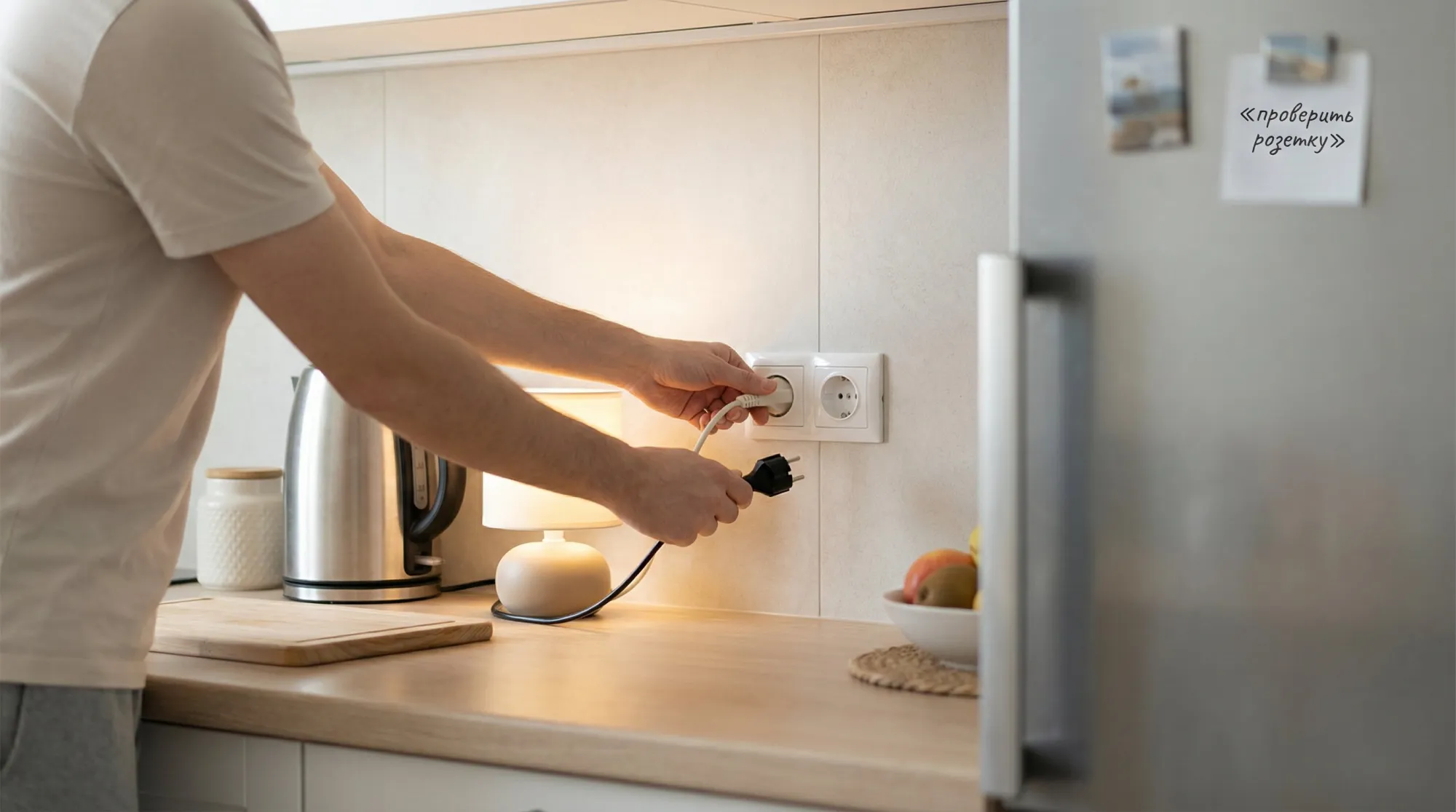 Небольшая современная кухня в спокойных тонах, основной акцент на участке стены с двойной розеткой. На переднем плане — человек, видны только руки по пояс: одной рукой он держит