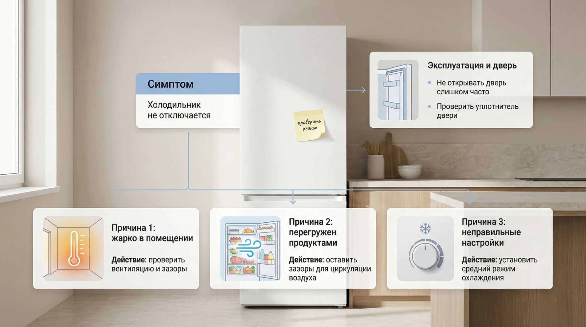 Горизонтальная иллюстрация в современной плоской стилизации: на светлой кухне стоит холодильник, вокруг него как будто разложена на плоскости большая «мини‑таблица» с тремя