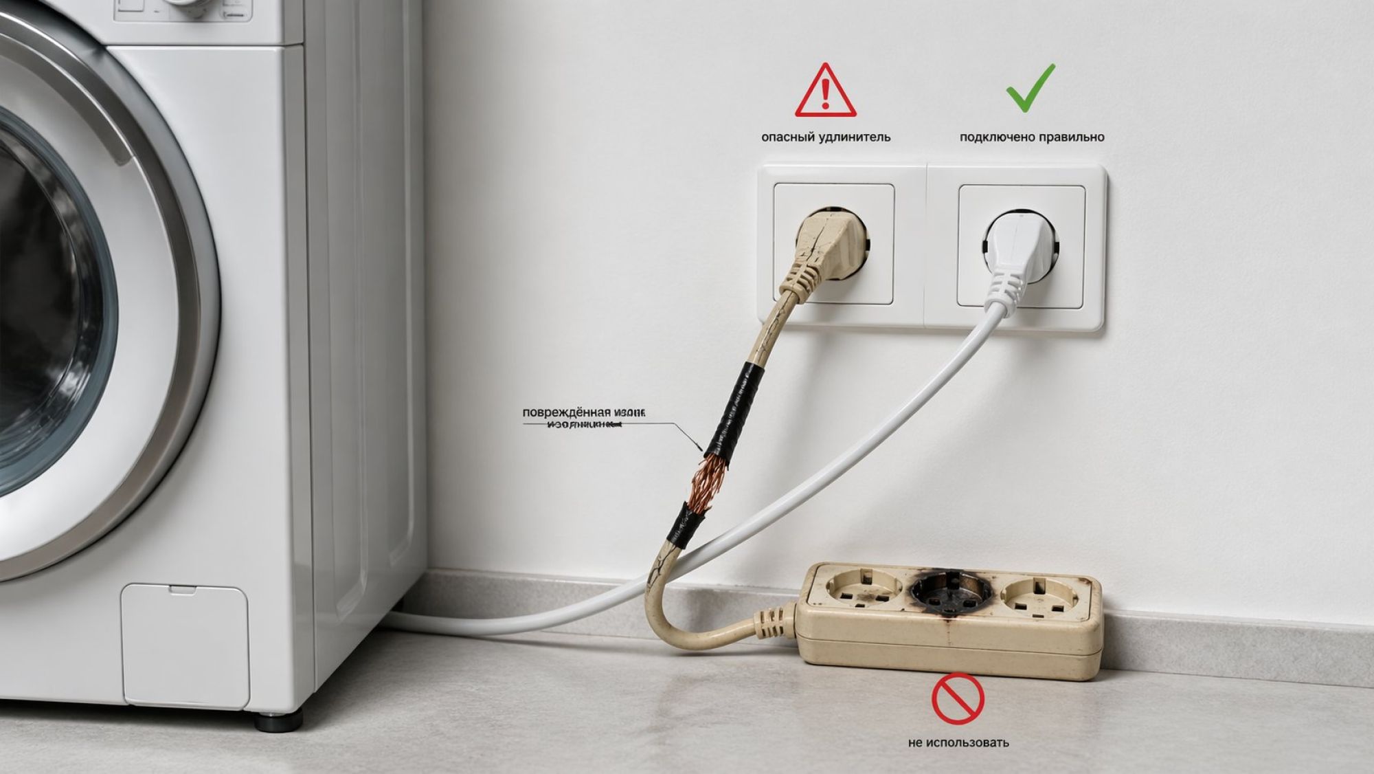 Горизонтальная сцена-крупный план: стена с двойной розеткой справа, к одной розетке подключена вилкой стиральная машина, ко второй — старый удлинитель. Вся композиция выполнена в