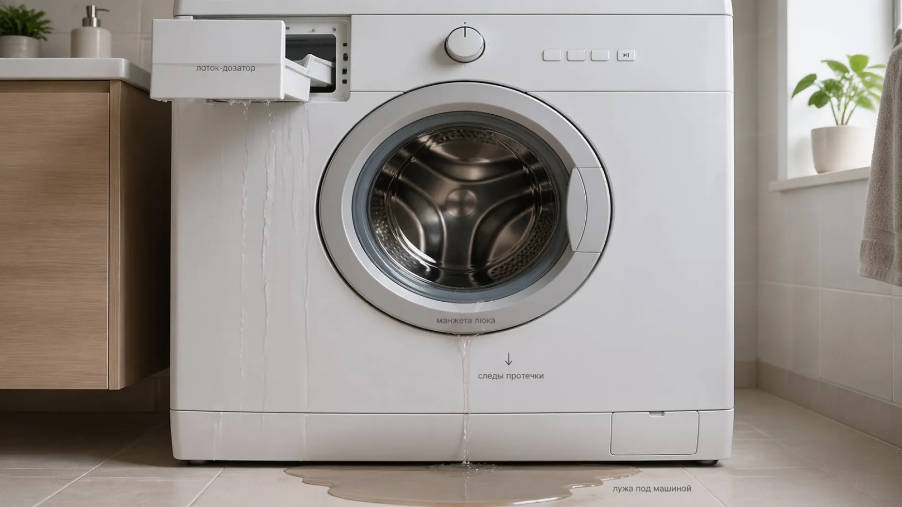 Современная фронтальная стиральная машина крупным планом спереди, виден весь фронт: круглый люк, вокруг него резиновая манжета, слева сверху выдвинут лоток-дозатор. На полу под