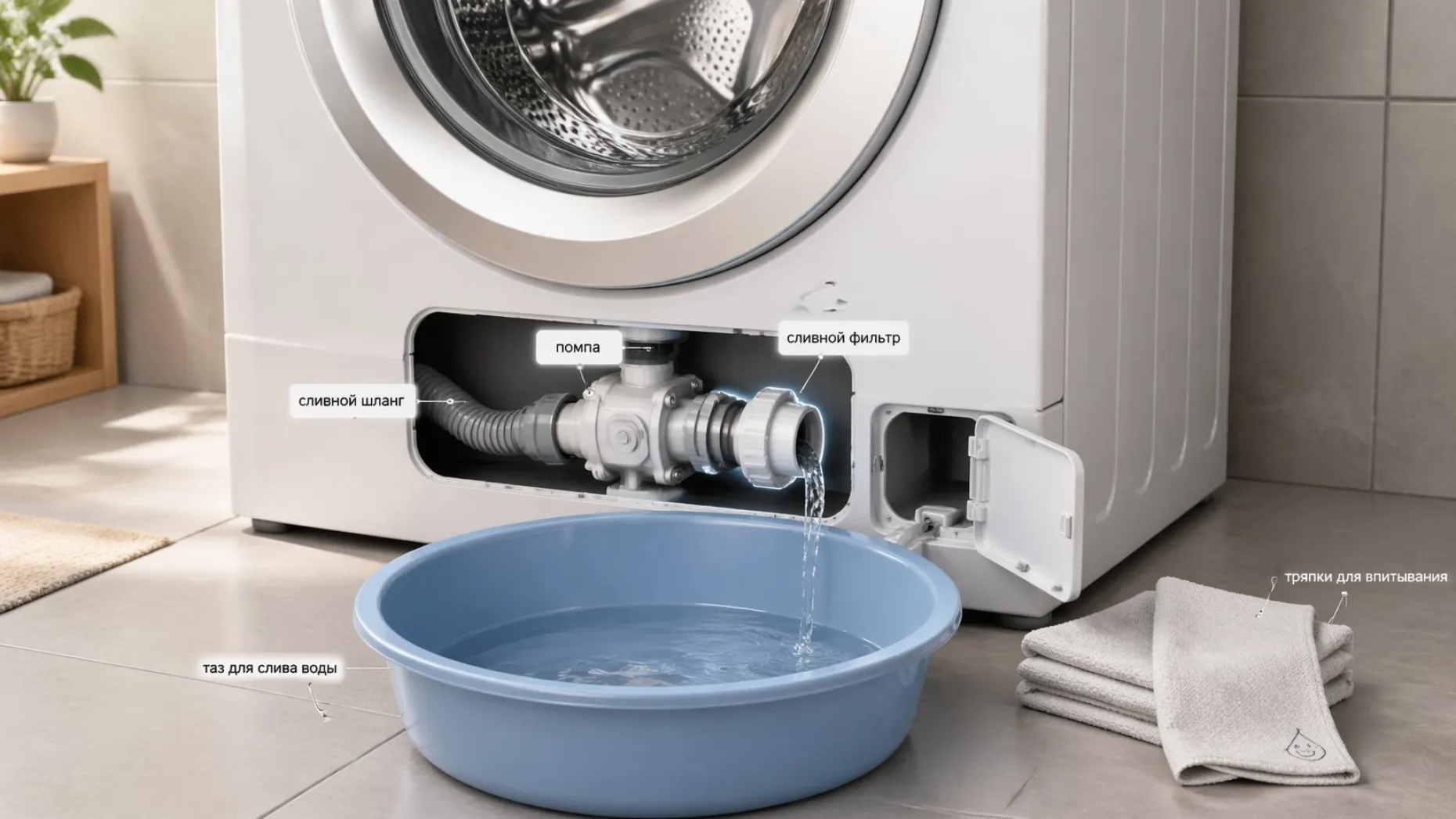 Изометрический аккуратный рисунок фронтальной стиральной машины, показанной на разрезе в нижней передней части корпуса. Спереди видно маленькую прямоугольную крышку сливного