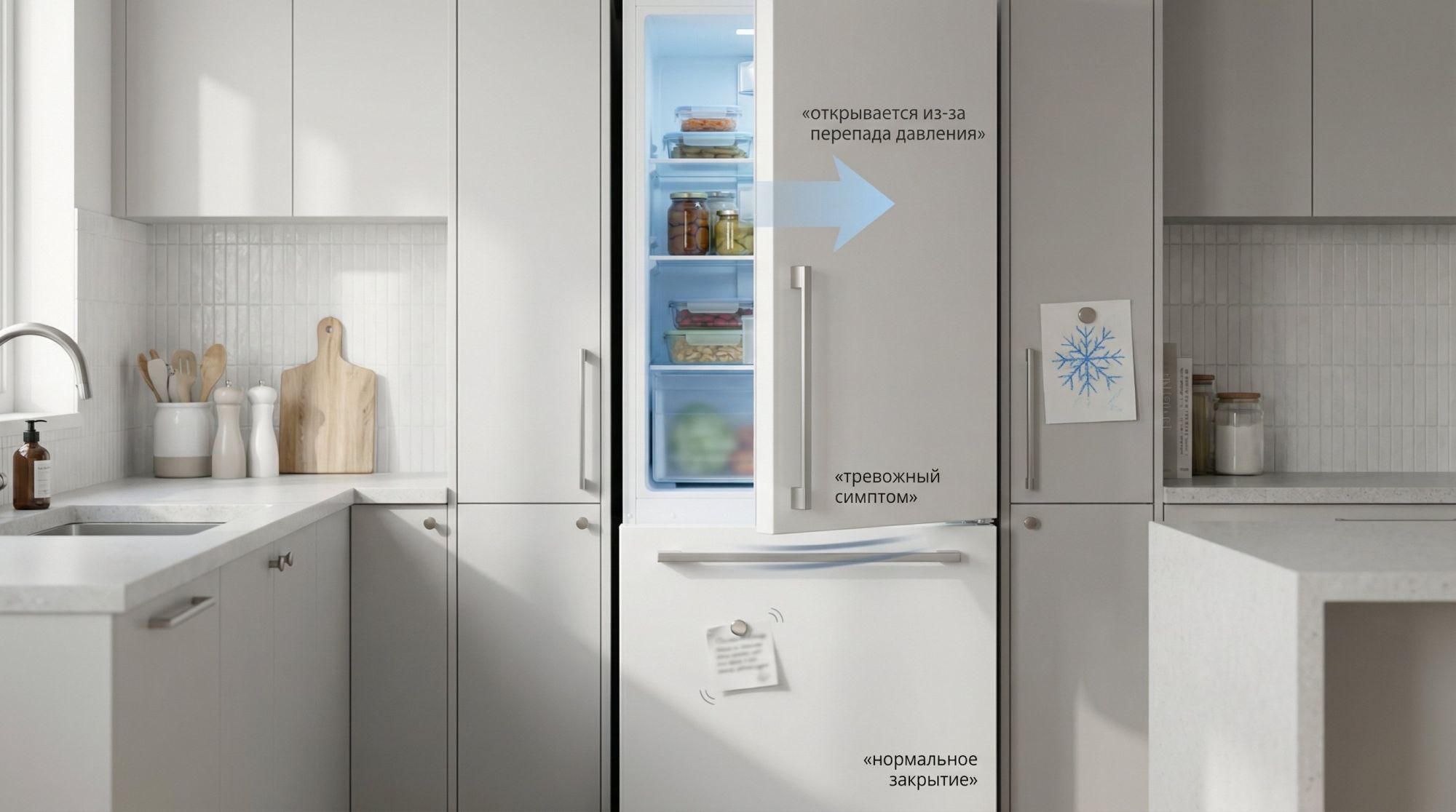 Современная кухня в нейтральных тонах, на переднем плане двухкамерный холодильник. Нижняя дверца морозилки только что хлопнула и уже закрыта, верхняя дверца холодильного отделения